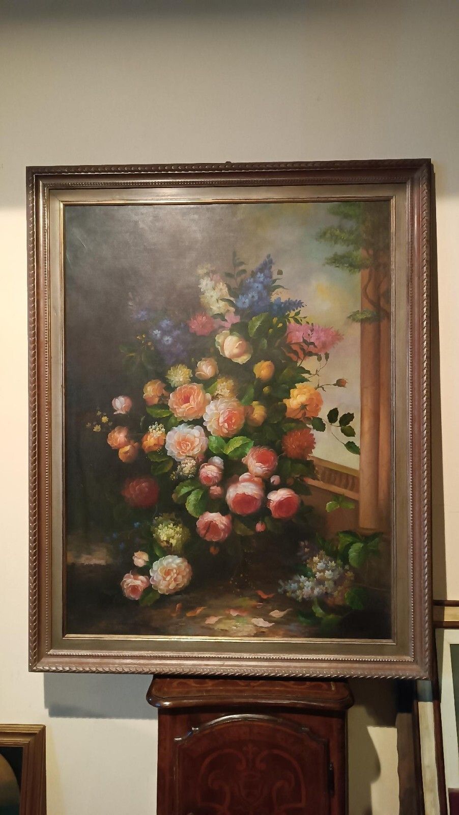 photo for sale Large Painting Oil On Canvas Flower Vase Signed Archangel Monzio Compagnoni