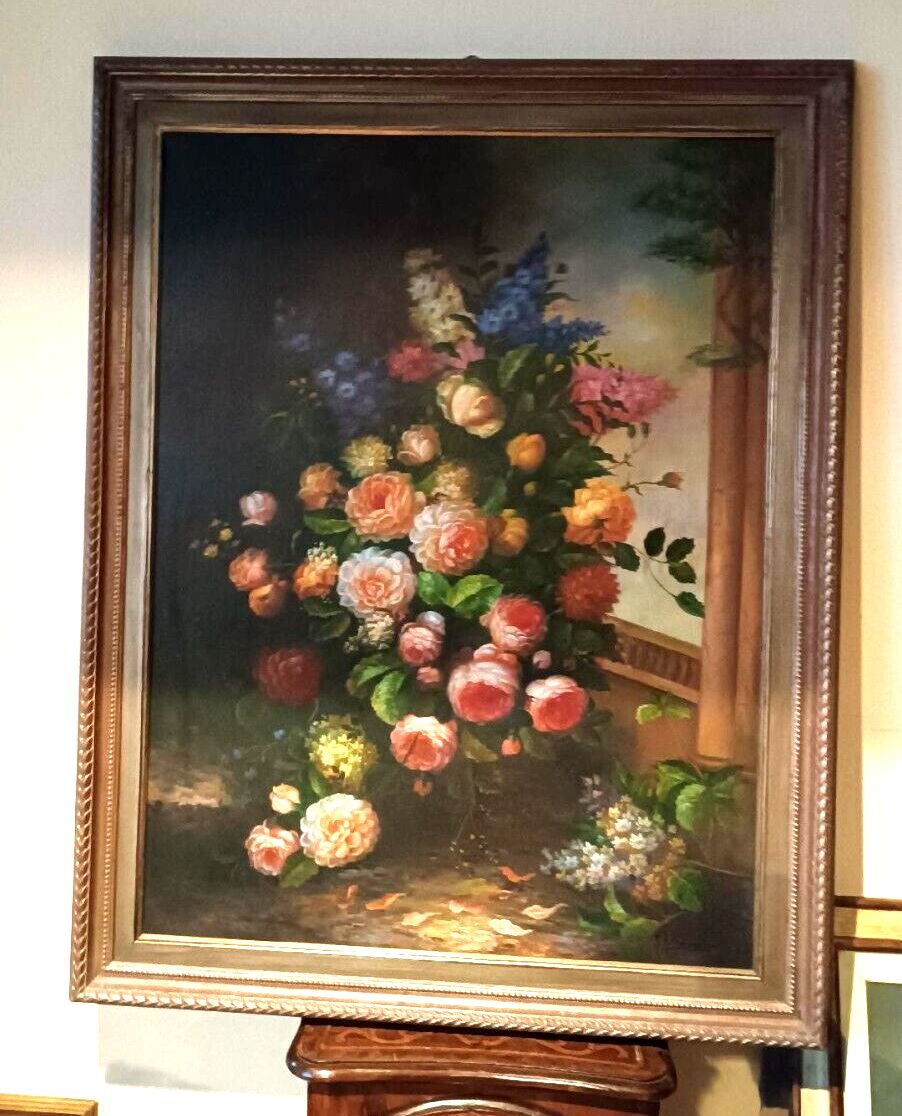 Art Large Painting Oil On Canvas Flower Vase Signed Archangel Monzio Compagnoni photo