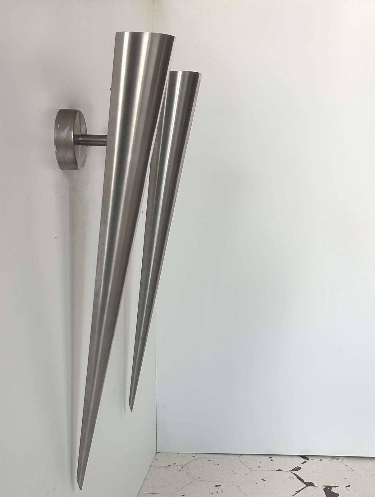 Pair Of Vintage Xl Wall Lights, Brushed Curved Metal, France 1980 photo for sale