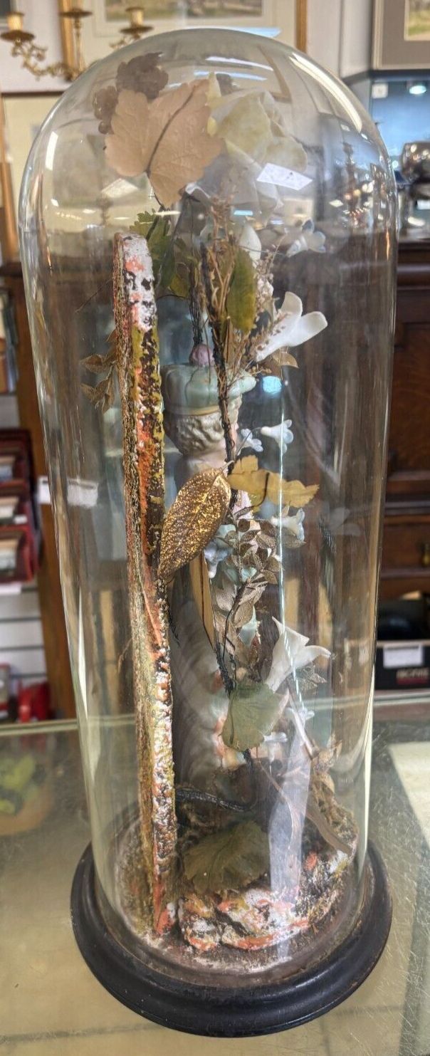 Antique Victorian Continental Floral Figurine In Glass Dome photo vintage