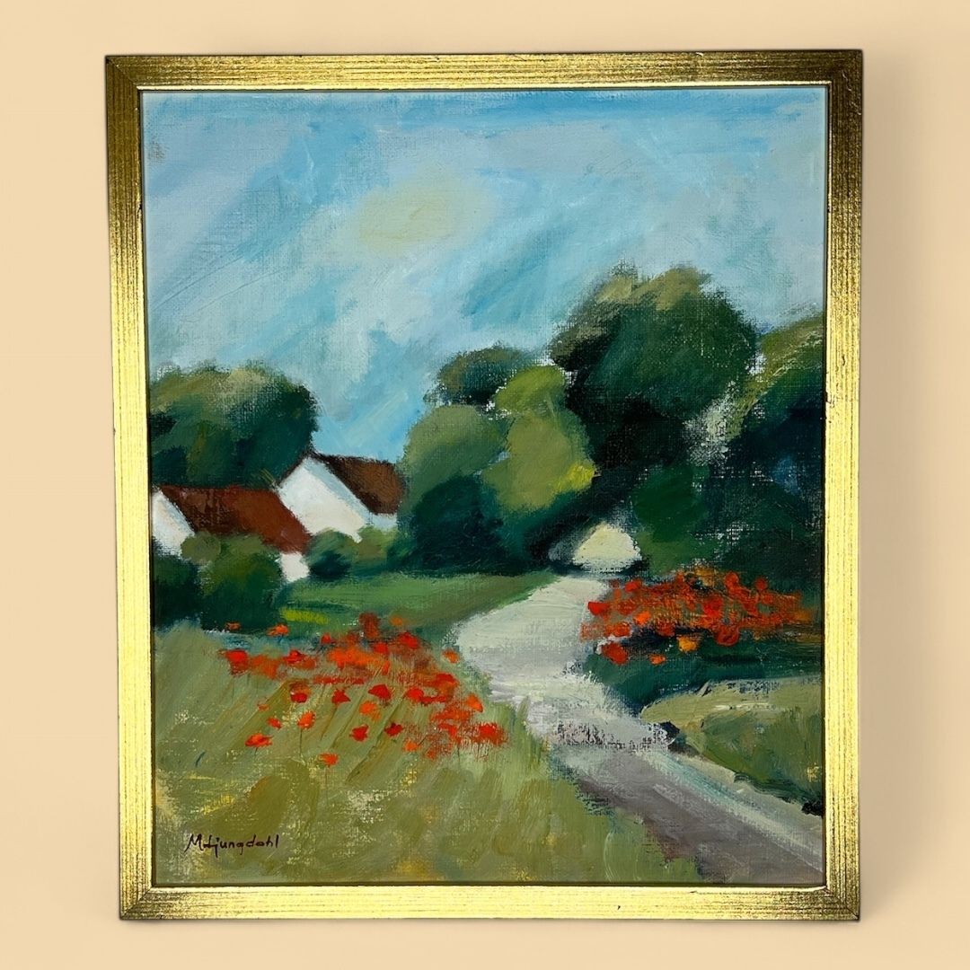 Landscape With Houses And Poppies, Oil On Canvas Landscape Painting