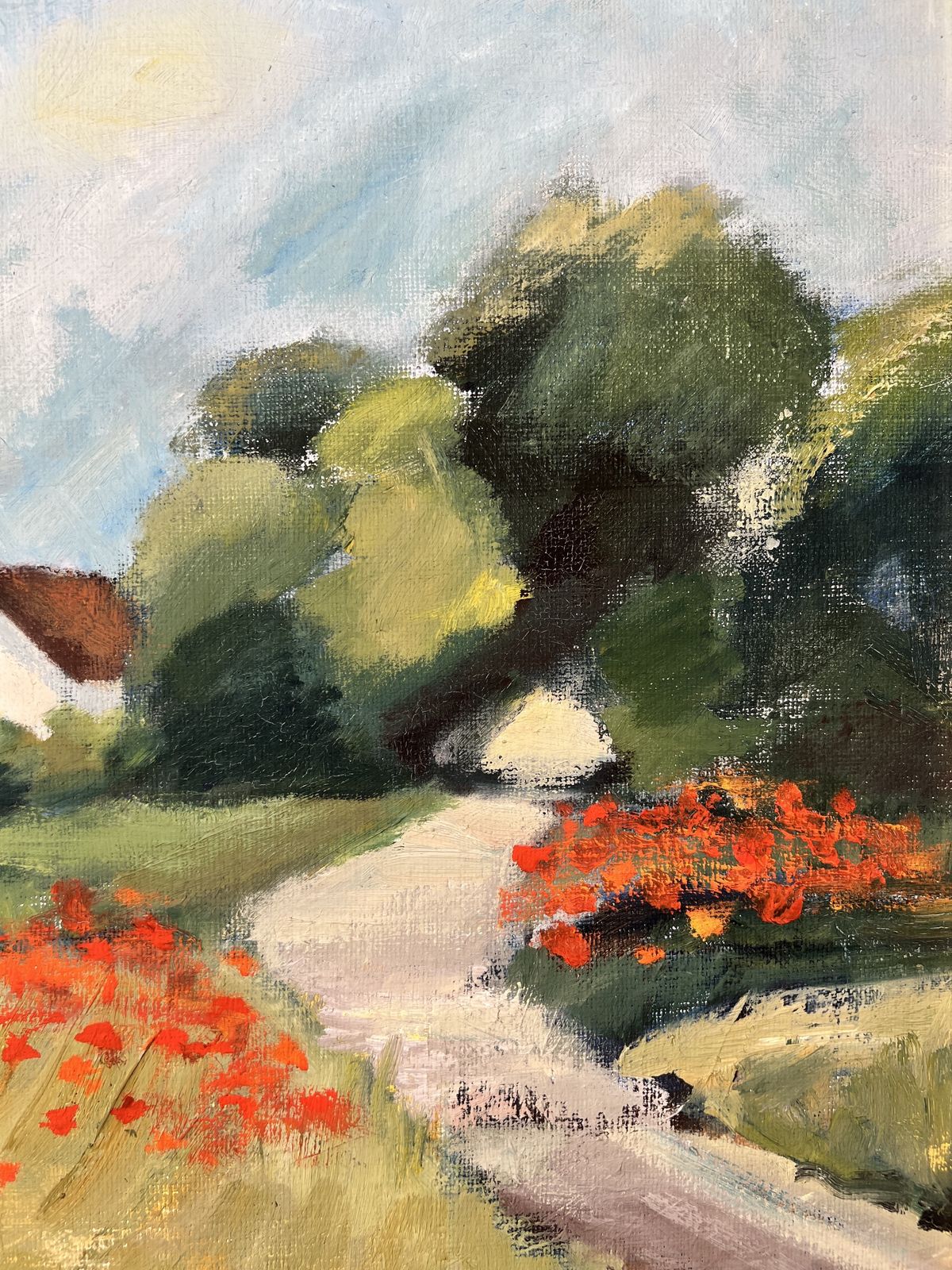 Landscape With Houses And Poppies, Oil On Canvas Landscape Painting photo vinterior
