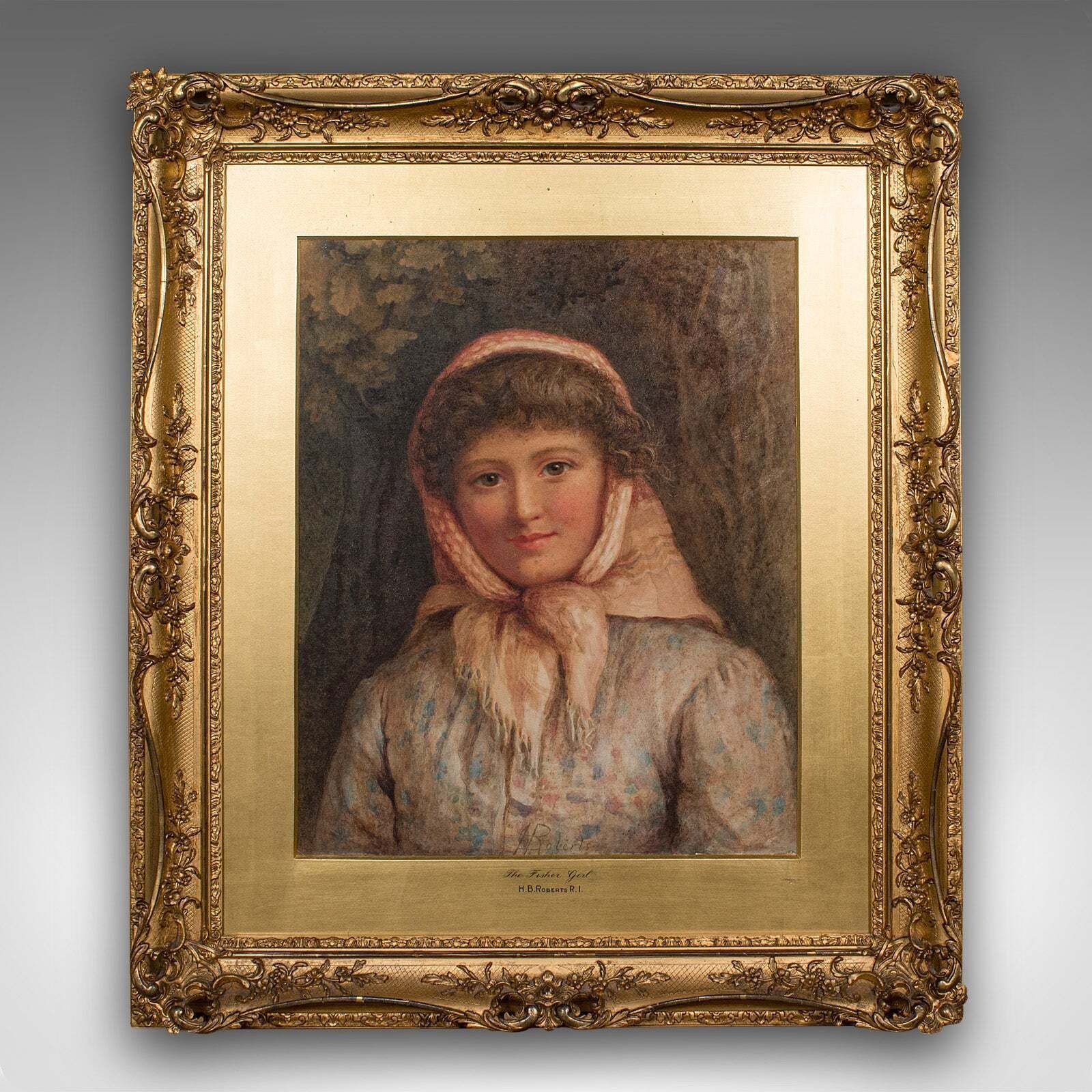 Large Antique Portrait, English, Watercolour, Painting, Hb Roberts, Victorian photo furniture