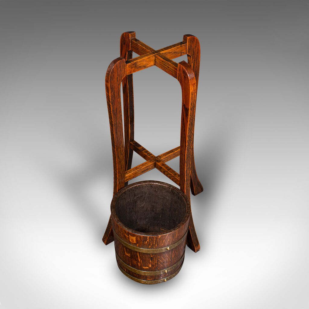 Antique Coopered Barrel Jardiniere Stand, English Oak, Brass, Planter, Edwardian photo furniture