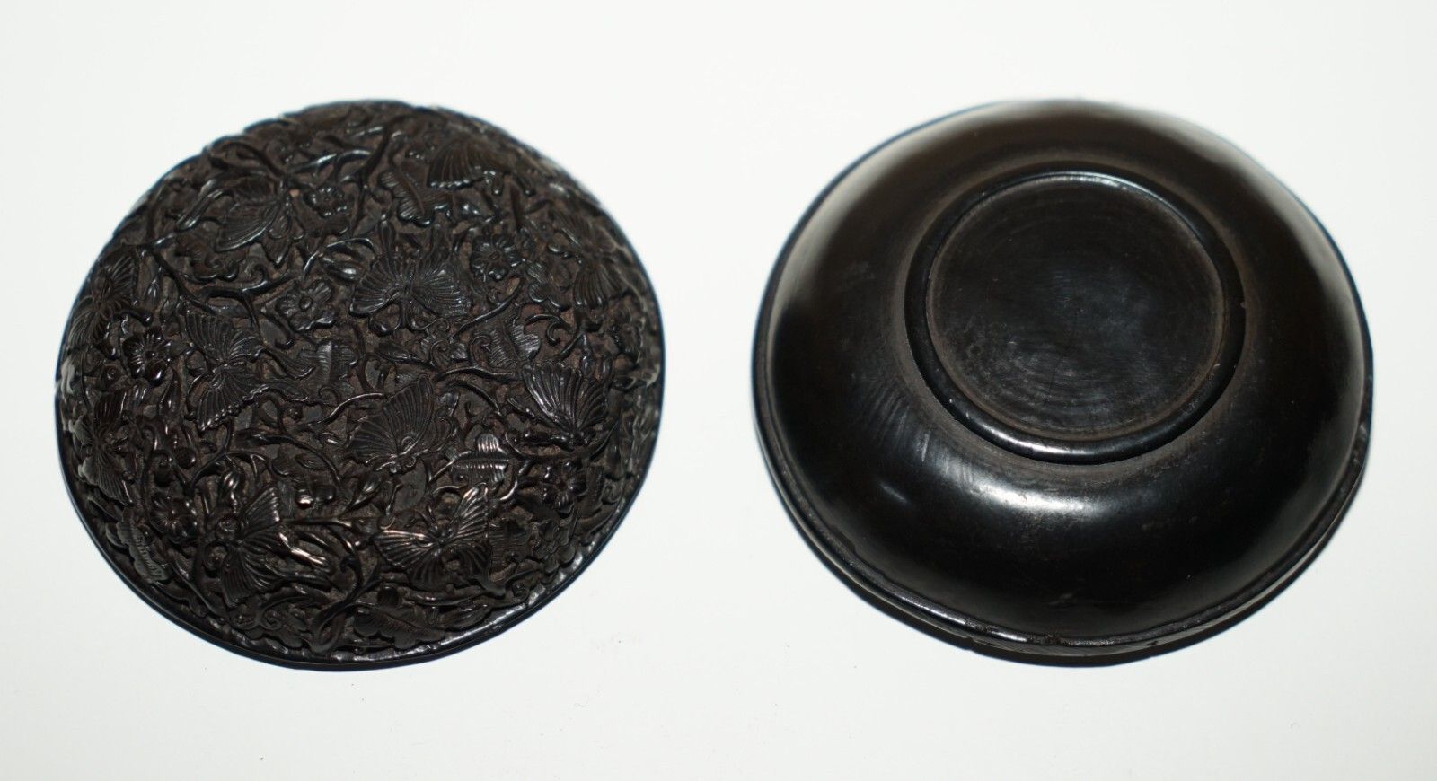 Exquisite Antique 18th Century Chinese Butterfly Cinnabar Lacquer Bowl & Cover photo vintage