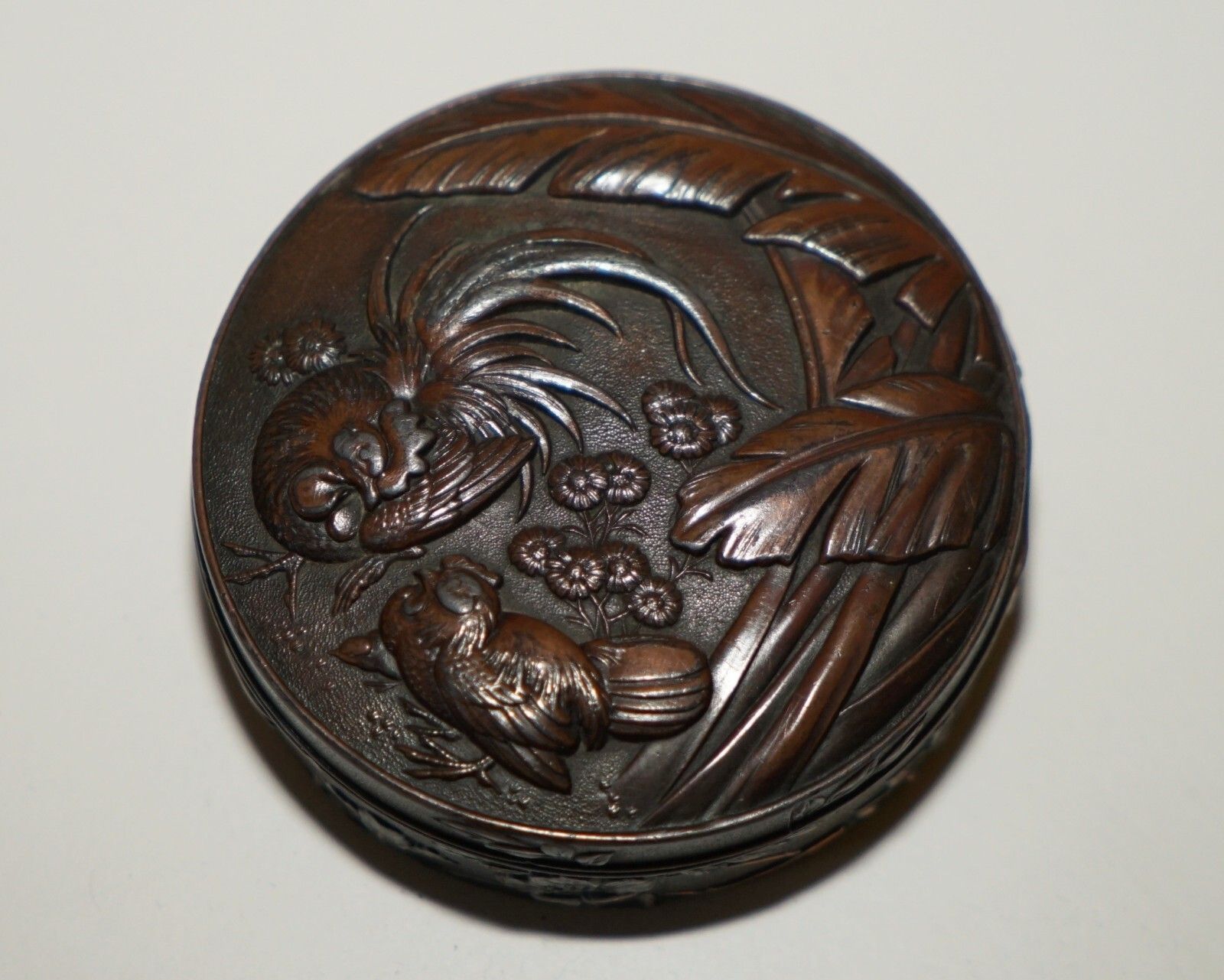 Small Antique Oriental Copper & Bronze Repousse Jewellery Box Depicting Chickens