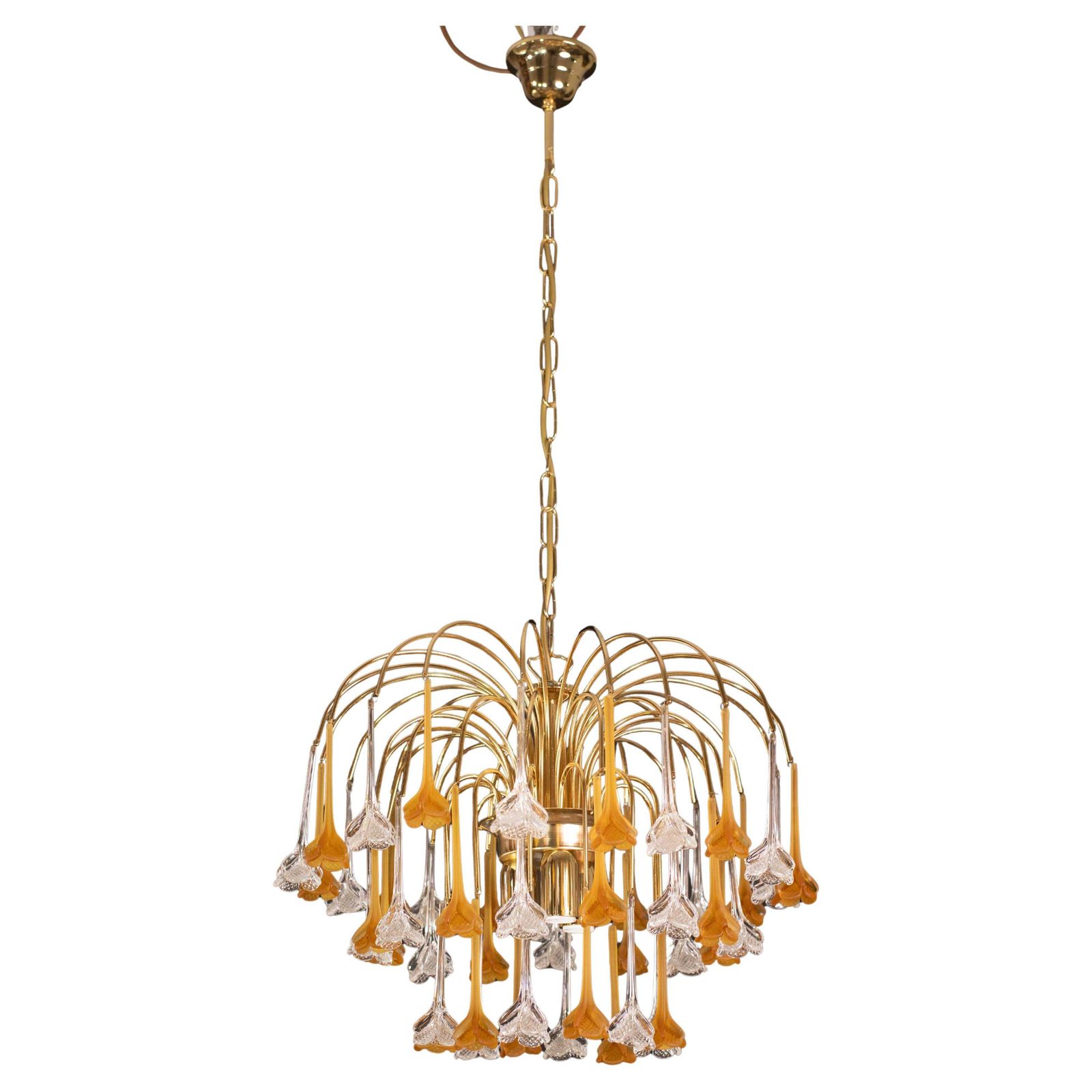 Lady Orange, Chandelier With Orange & Transparent Pendants, Murano Glass, 1970s