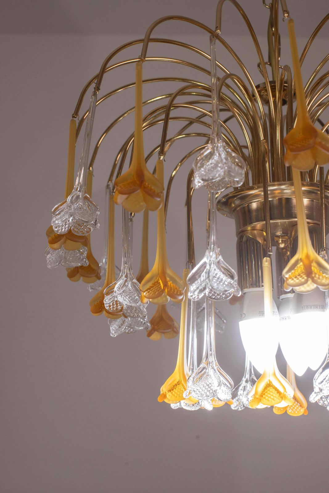 photo for sale Lady Orange, Chandelier With Orange & Transparent Pendants, Murano Glass, 1970s
