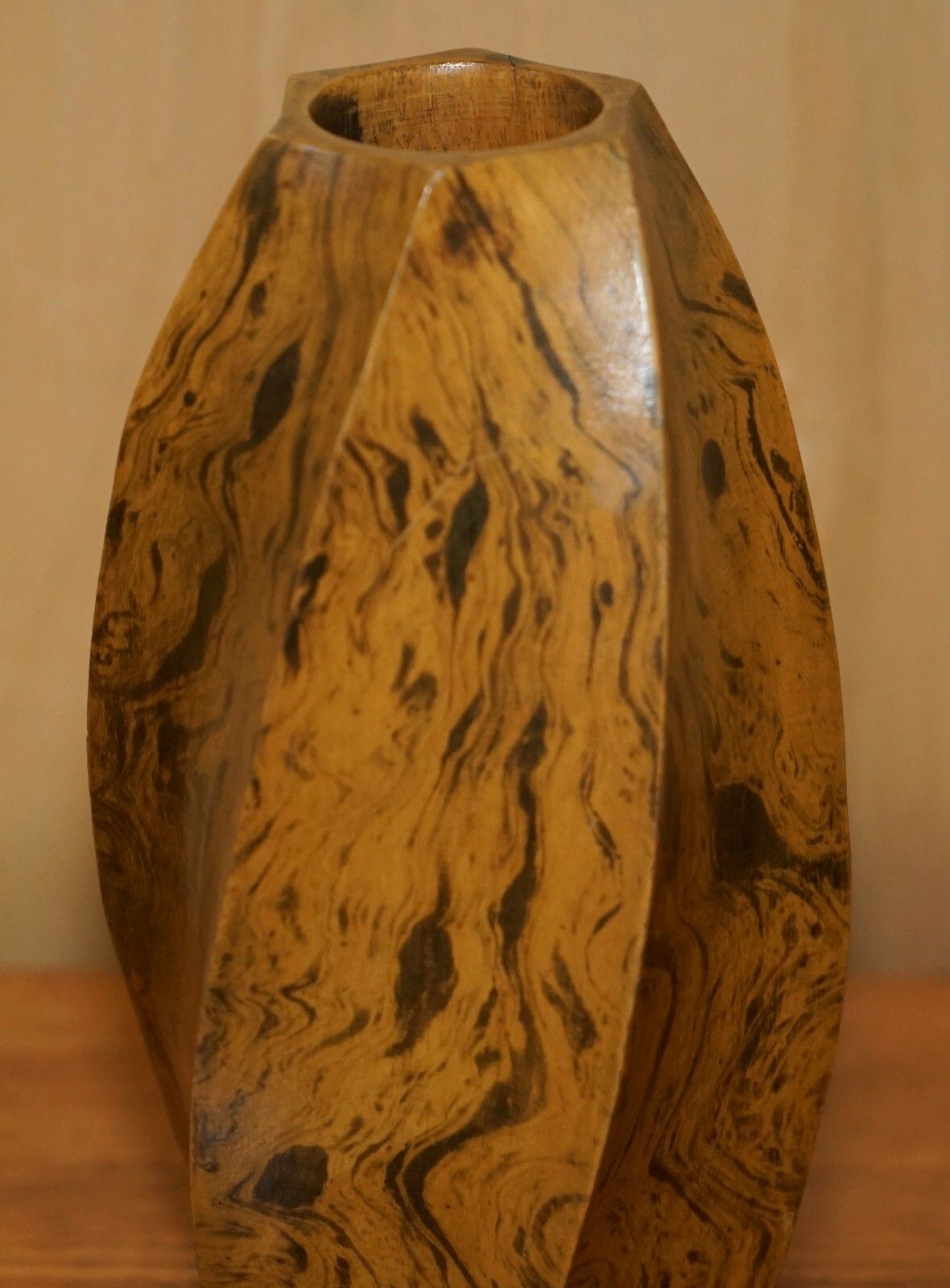 Lovely Ornately Sculpted Olive Wood Spiral Flower Vase Must See Timber Patina! photo Home Decor
