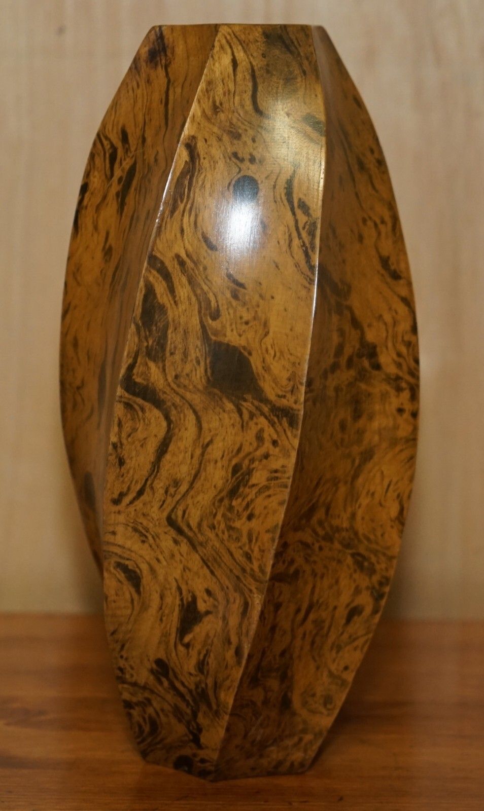 Lovely Ornately Sculpted Olive Wood Spiral Flower Vase Must See Timber Patina! photo vinterior