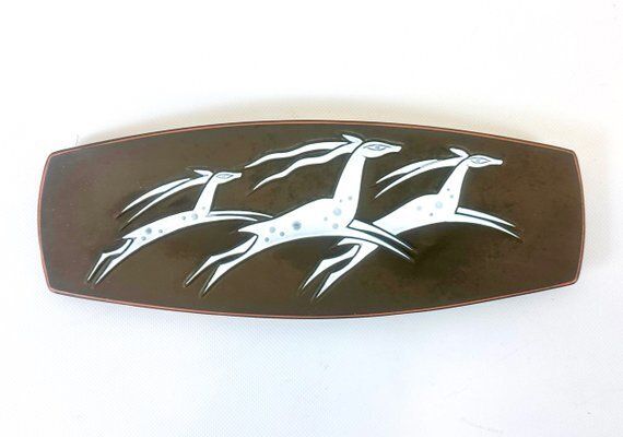 Mid Century Ceramic Wall Hanging Plate With Three Leaping Gazelles By Piotr Labuzek Baro For Knabstrup, 1960s