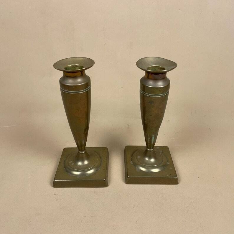 Antique Matching Pair Of Gold Brass Metal Candlestick Candle Stick Vintage Column Taper Dinner Candlesticks Square Base Column Pillar