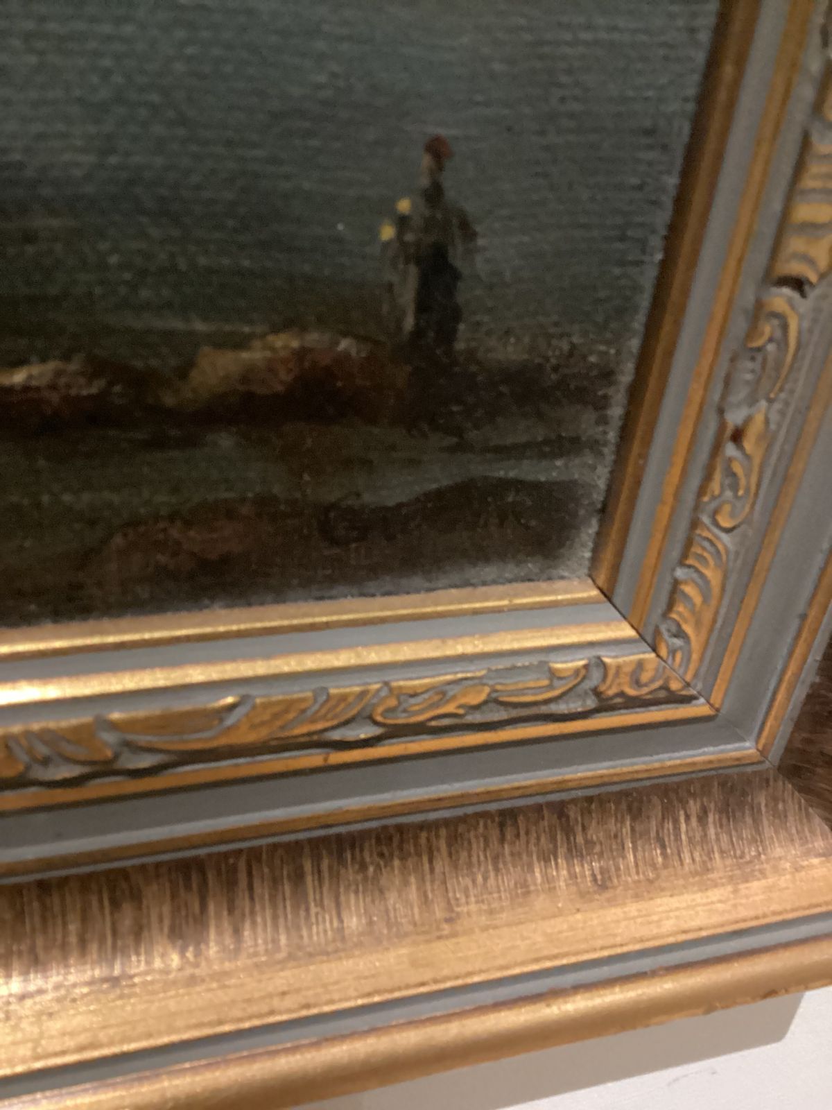 Oil Painting Signed Gutin Fishing By Lamplight photo vintage