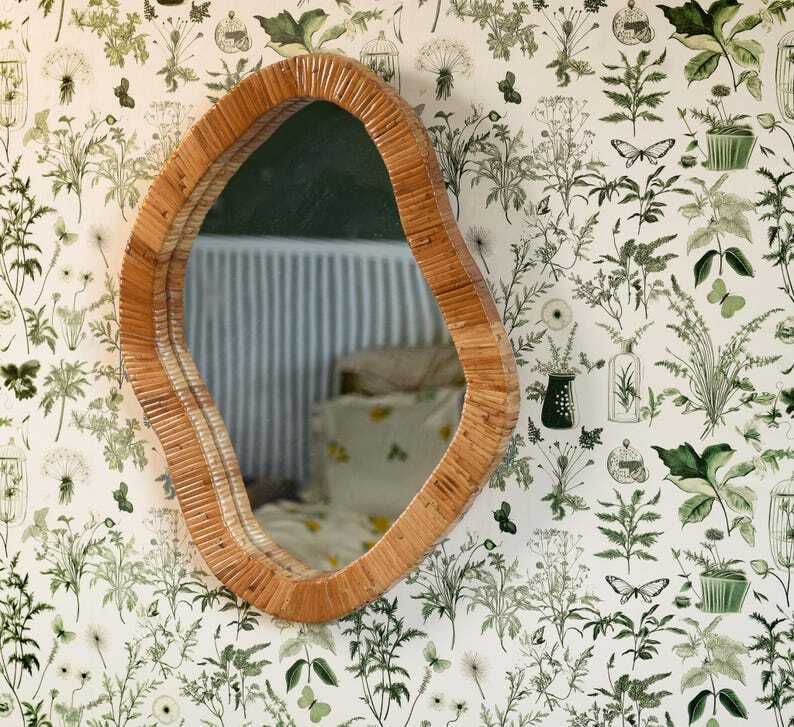 Asymmetrical Mirror,Features Organic Rattan Cane Frame Mirror For Living Room, Bedroom, Entryway