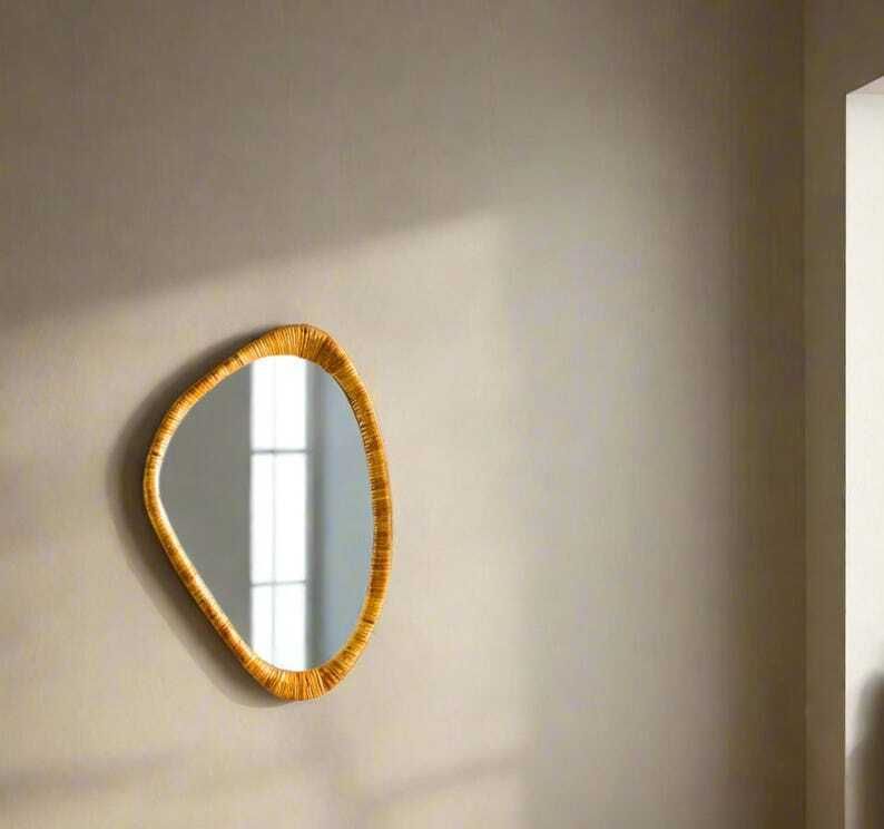 Irregular Shaped Rattan Cane Framed Wall Mirror, Midcentury Modern, Bathroom, Bedroom, Hallway Mirror