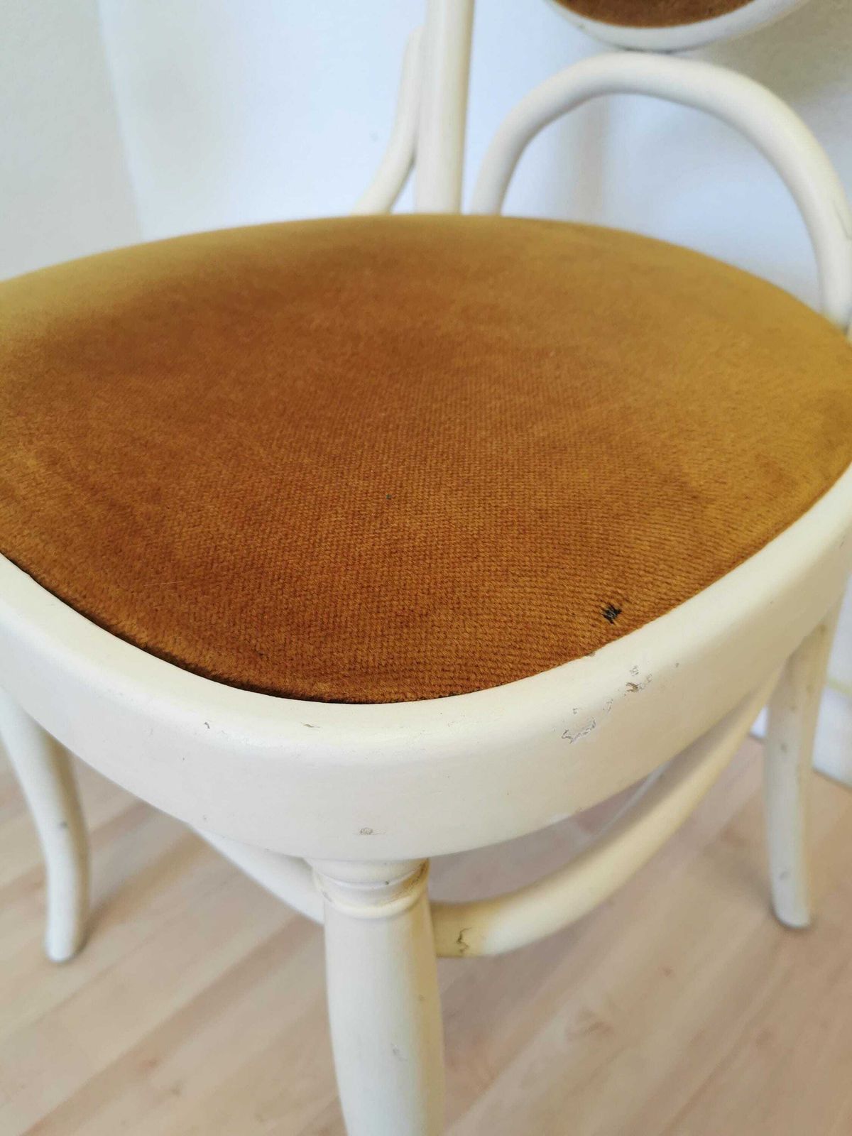Vintage High Backrest Dine Chair / Thonet White Wooden Bentwood Dining Chair With Yellow Fabric / 1970s Yugoslavia / Mid Century Dining Room photo for sale
