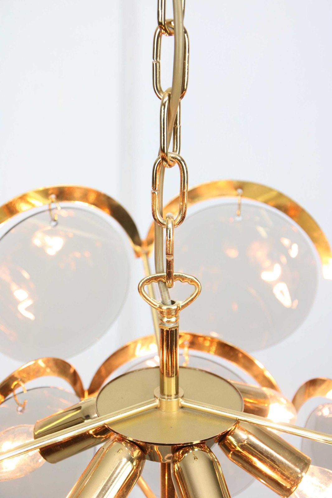 Vintage Vistosi Chandelier / Gold Metal Base With 18 Smoked And Beveled Glass Discs / Italy 1970s / Mid Century Modern Designer Pendant Lamp photo vinterior