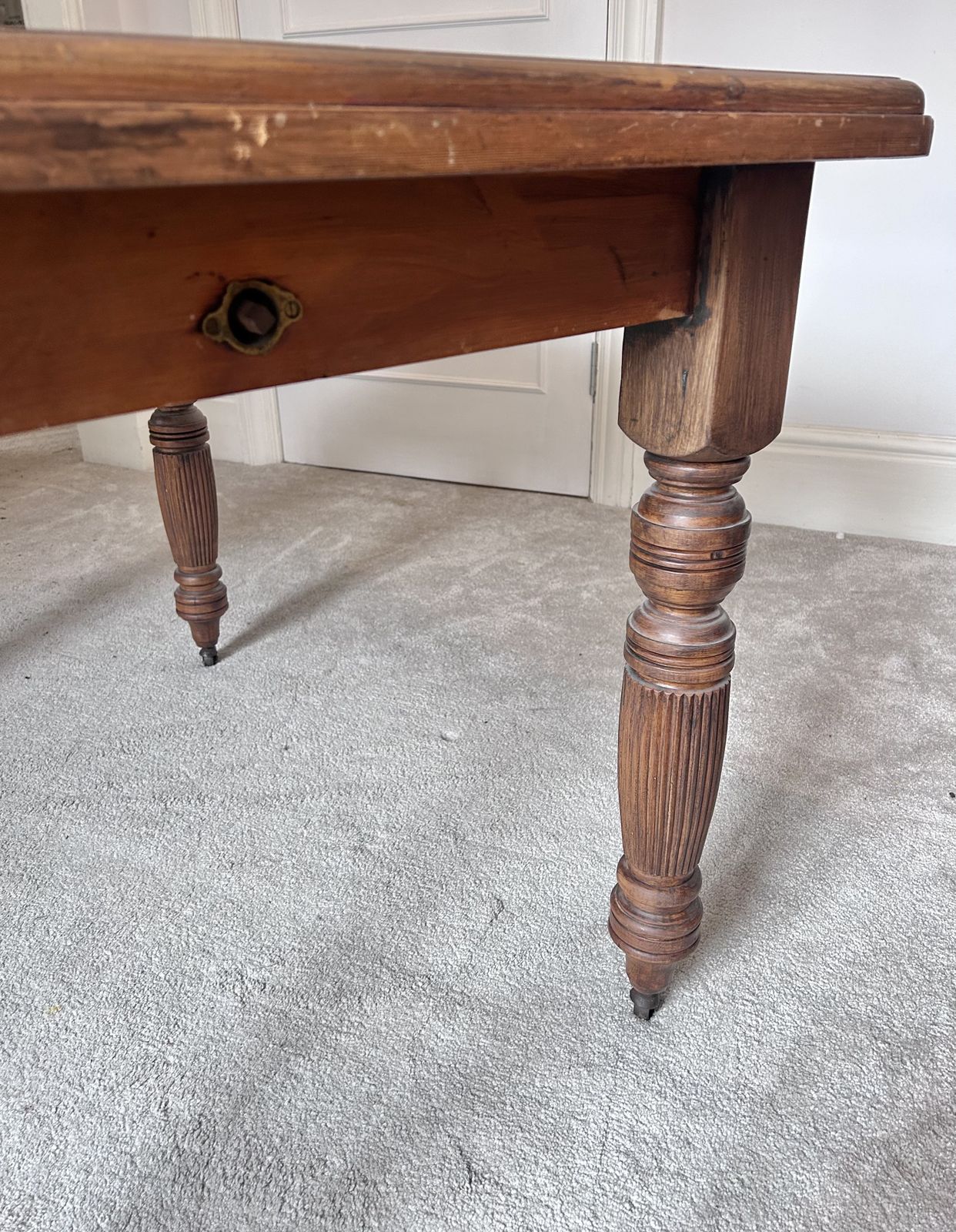 Victorian Farmhouse Table. Dark Stained Carved Wood. Original Castor Wheels photo Furniture