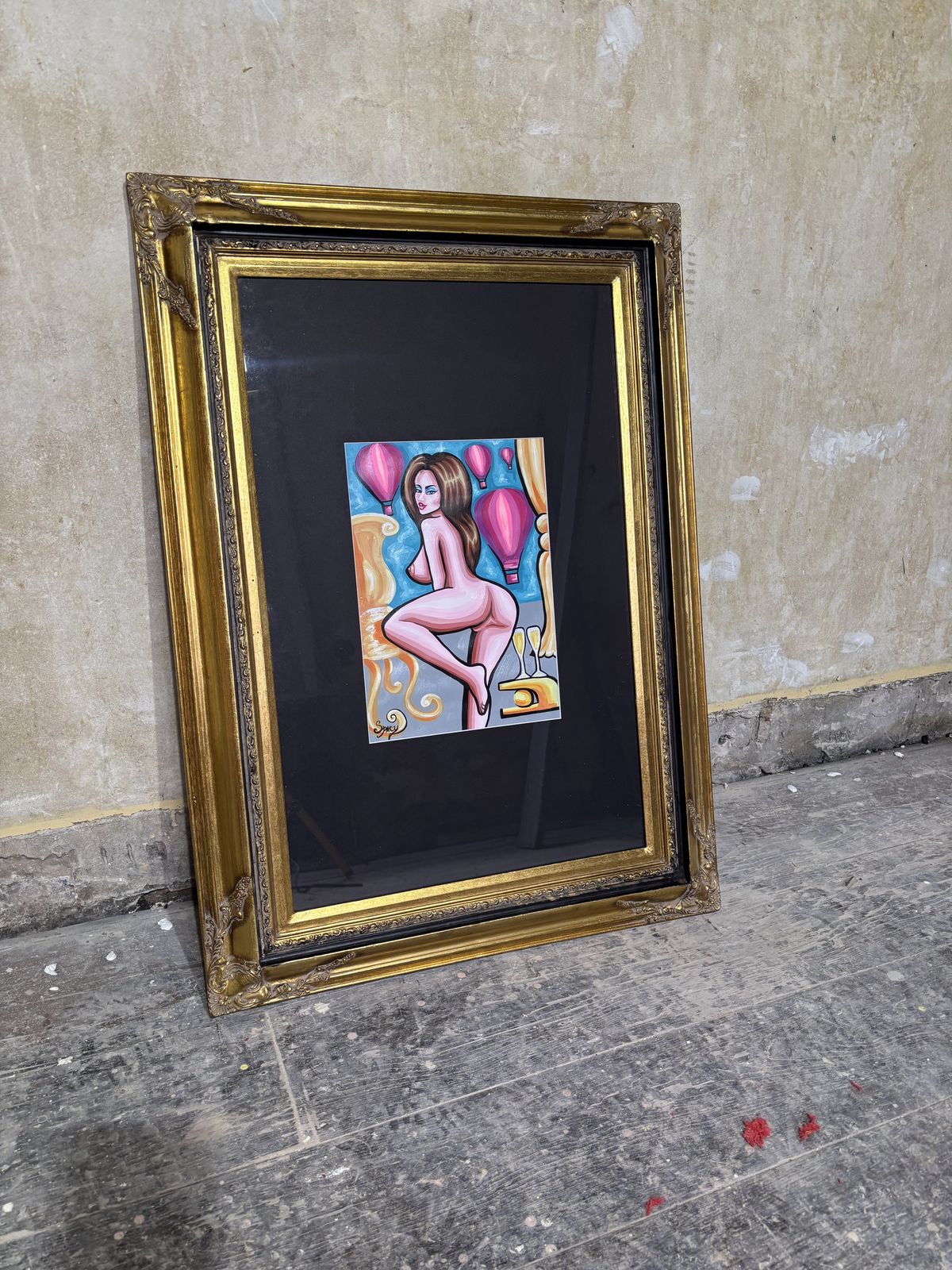 Original Erotic Pop Art Painting By Spacy Eva In Vintage Frame photo 575.0