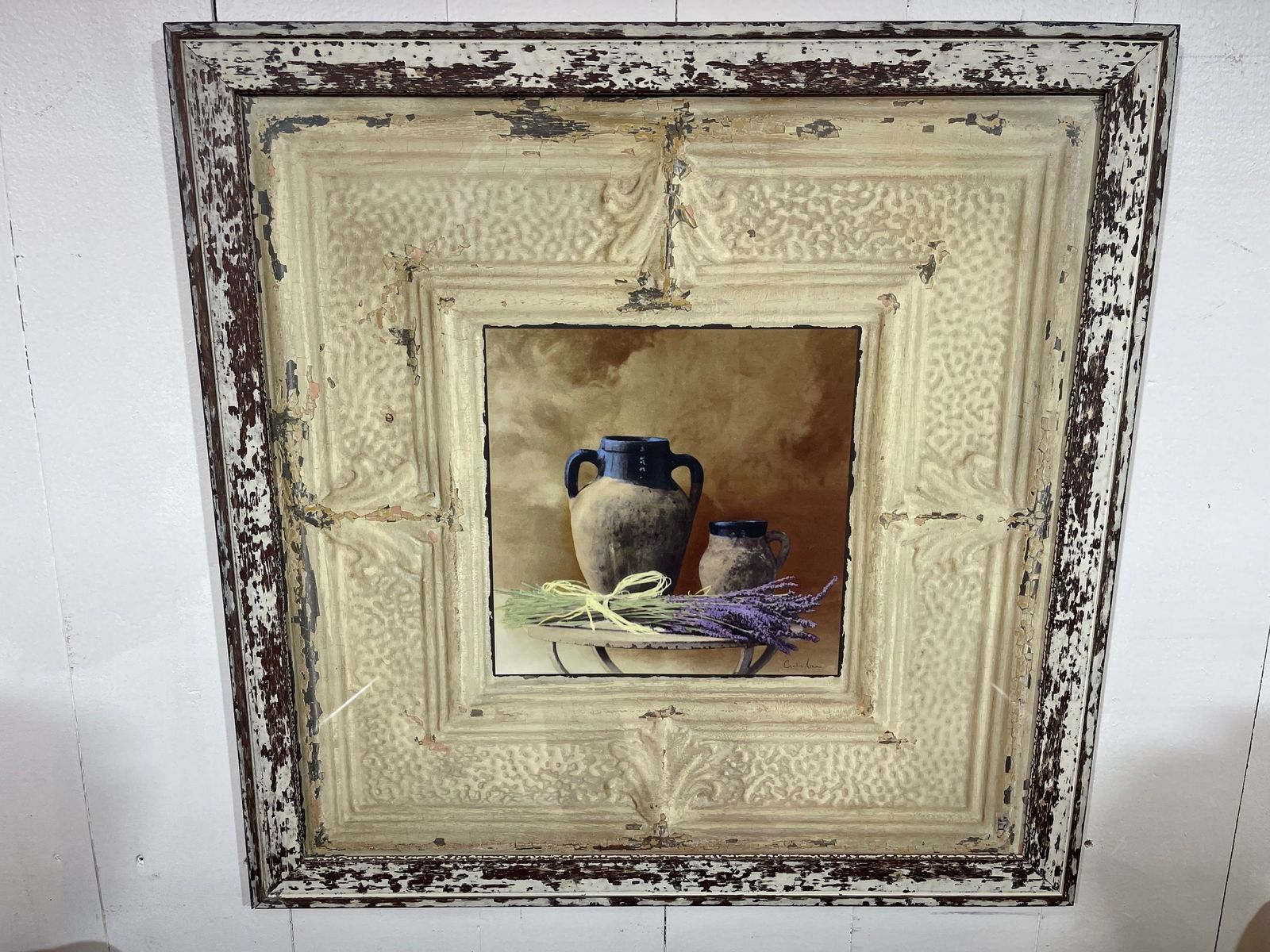 Mid Century Distressed Wooden Picture Frame With Artisan Print