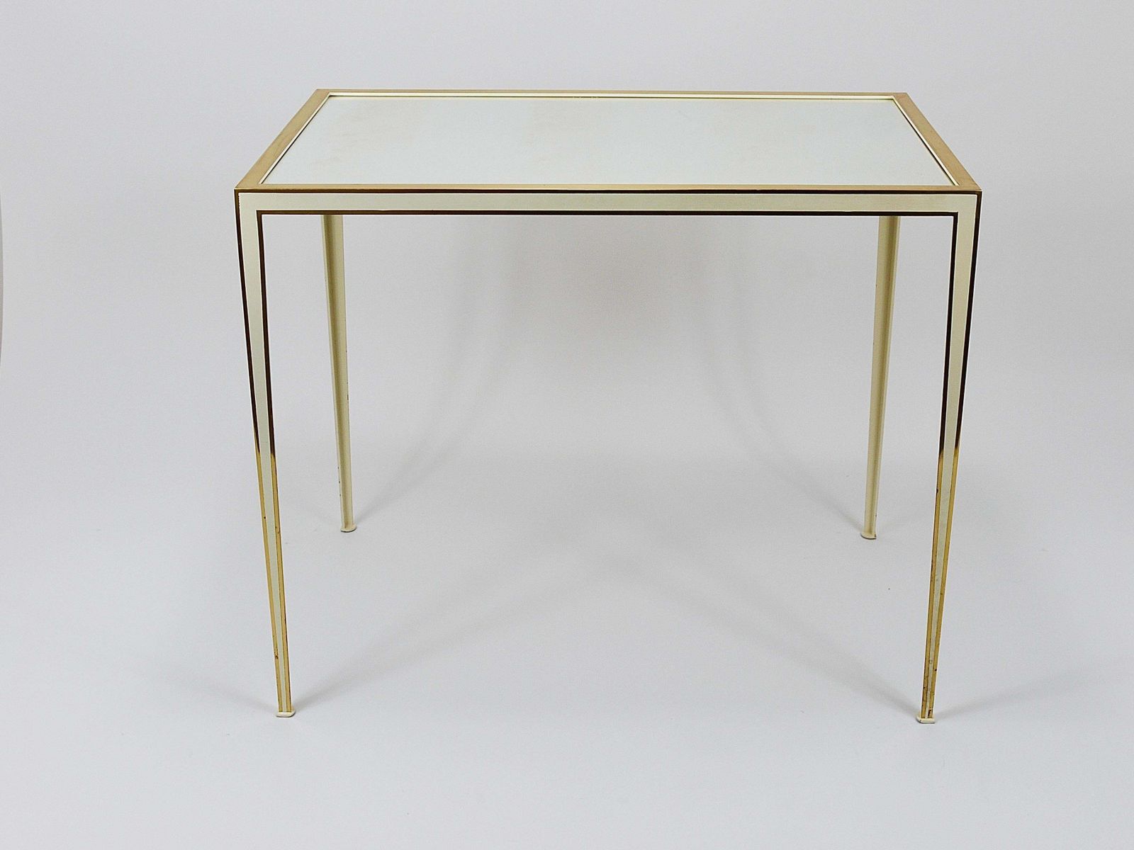 A Pair Of Vereinigte Werkstätten Brass & White Mirror Tables, Germany, 1970s photo buy