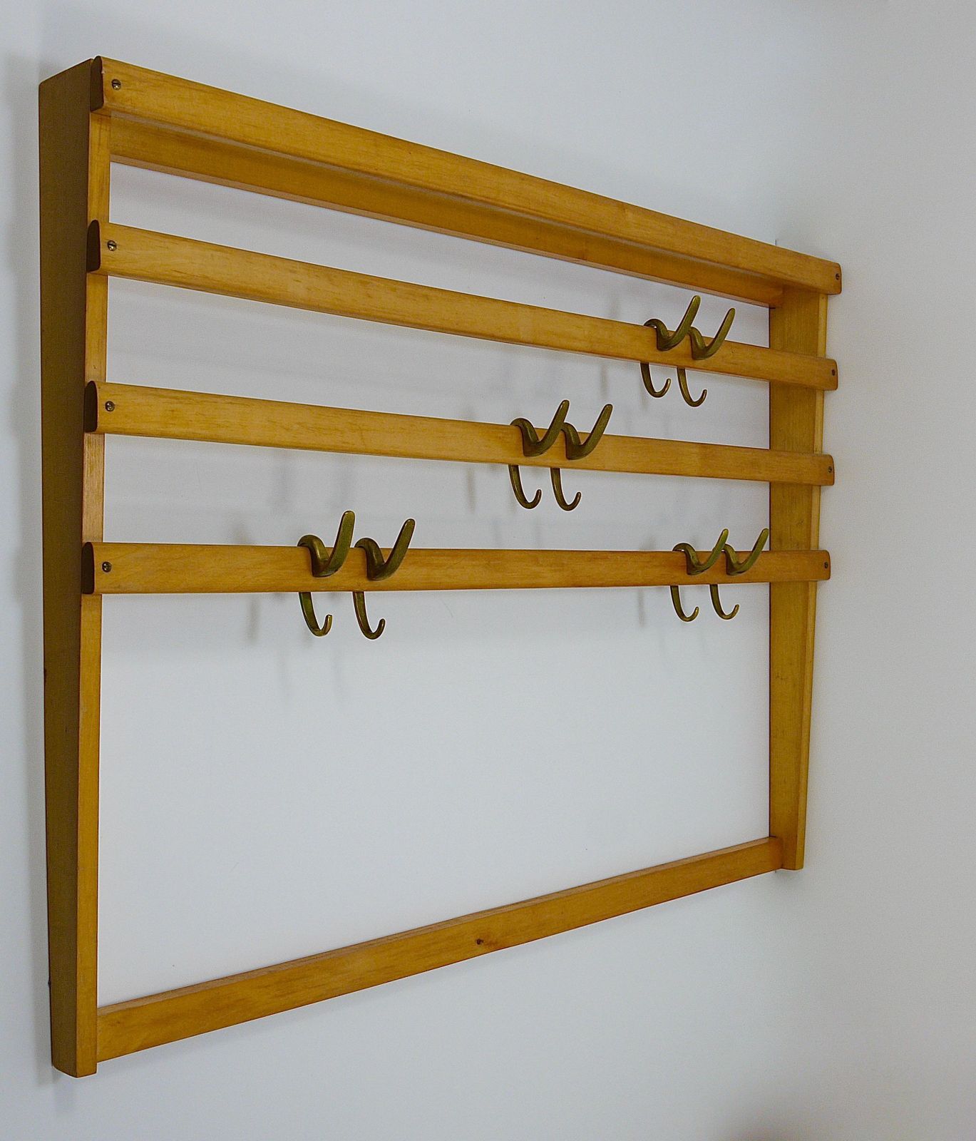 Large Carl Auböck Mid Century Coat Rack Beech Wardrobe With 8 Brass Hooks, 1950s photo Furniture