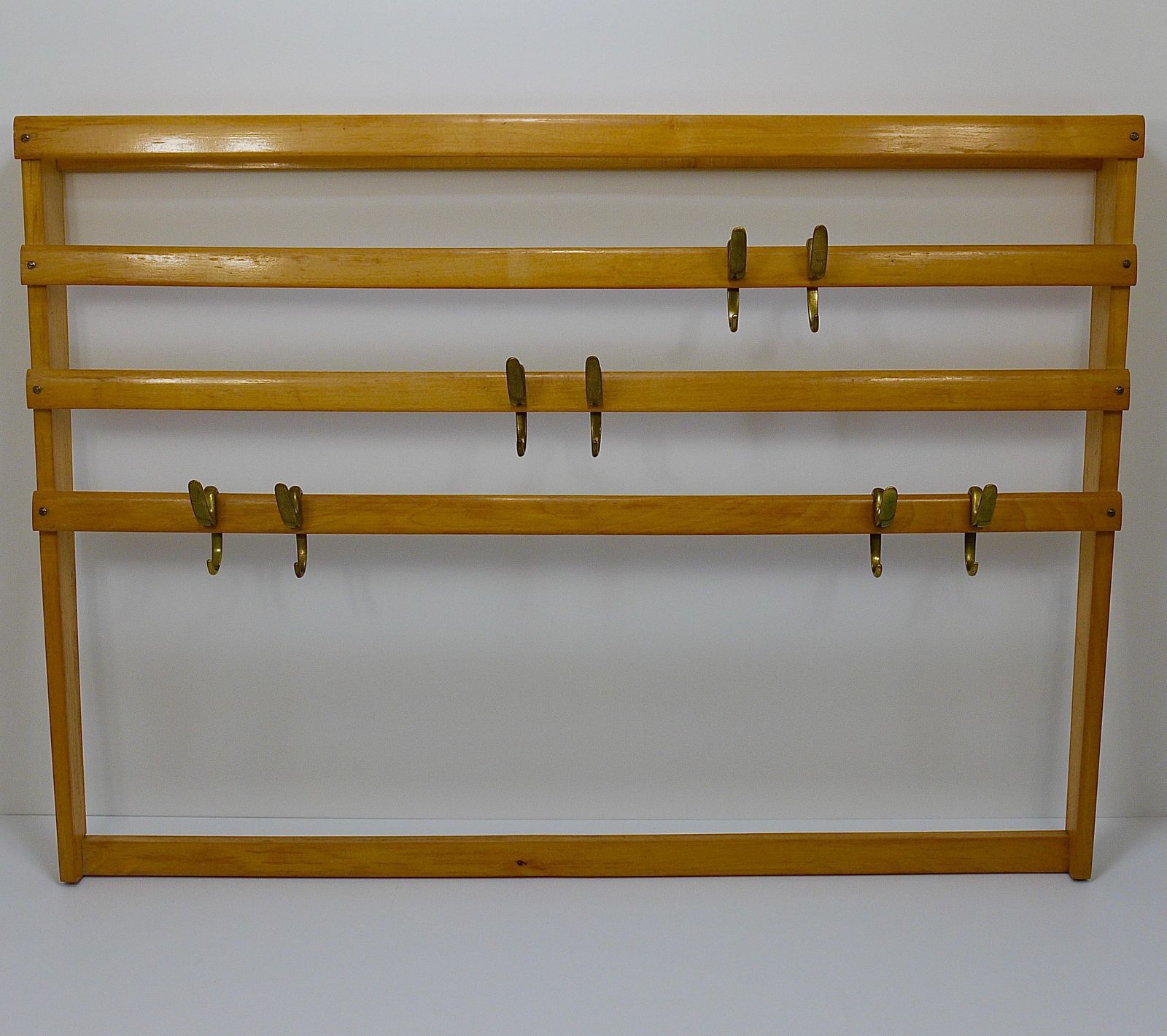 Large Carl Auböck Mid Century Coat Rack Beech Wardrobe With 8 Brass Hooks, 1950s photo 6852.0