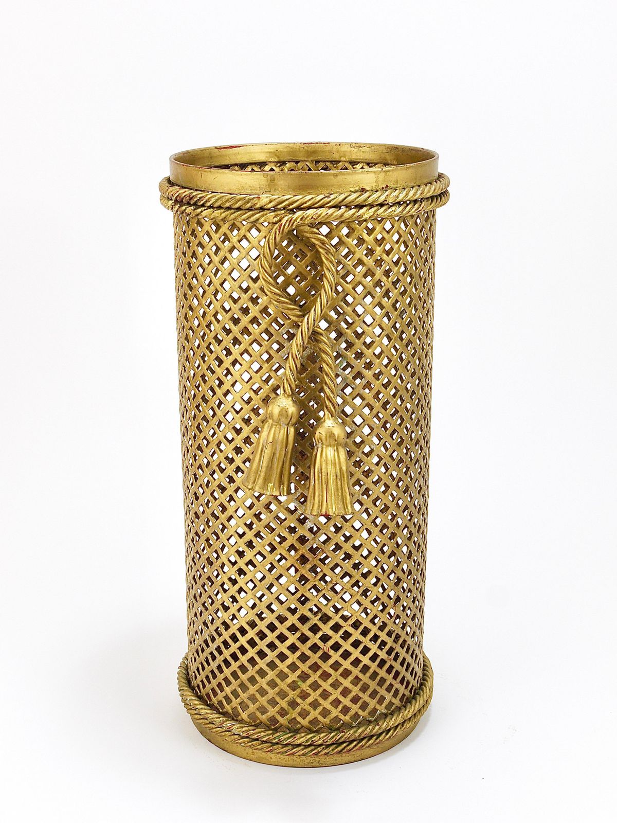 photo furniture Hollywood Regency Gilt Metal Rope & Tassel Umbrella Stand, Li Puma Firenze, 1950