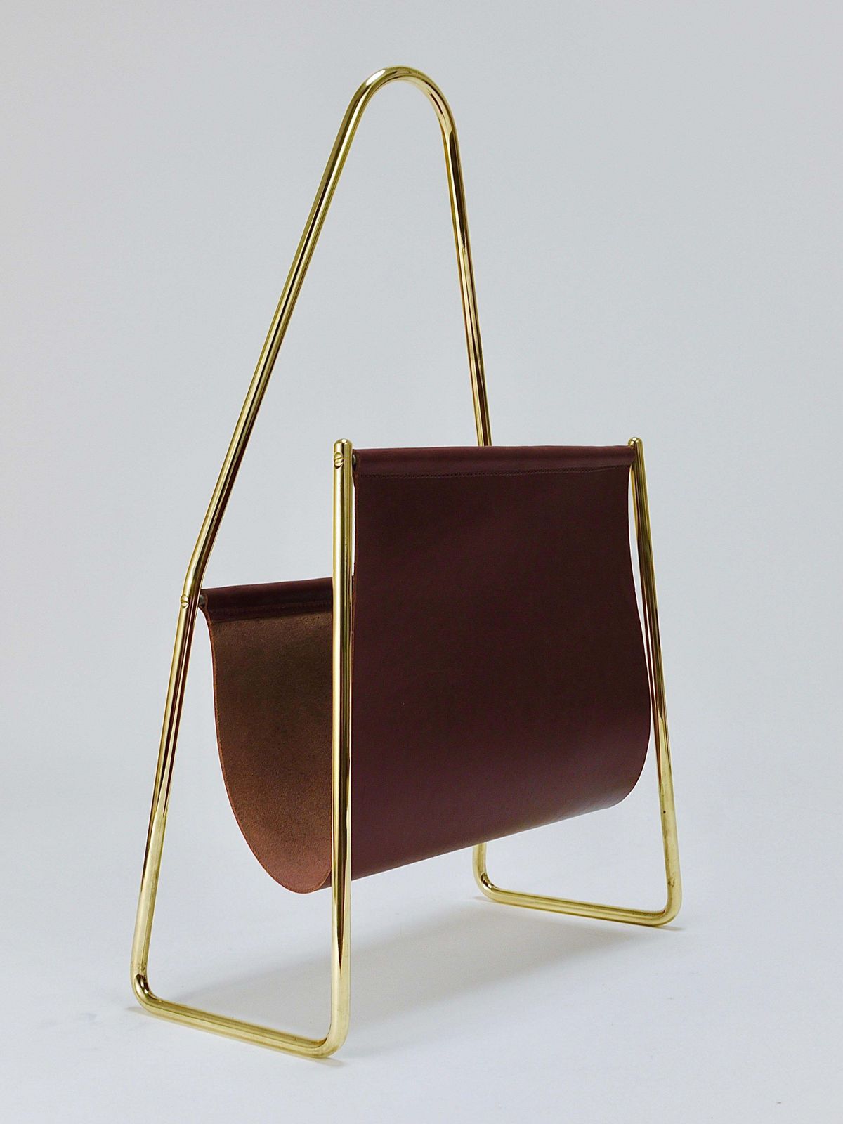 Carl Auböck II Midcentury Magazine Rack, Brass & Brown Leather, Vintage, Austria photo buy
