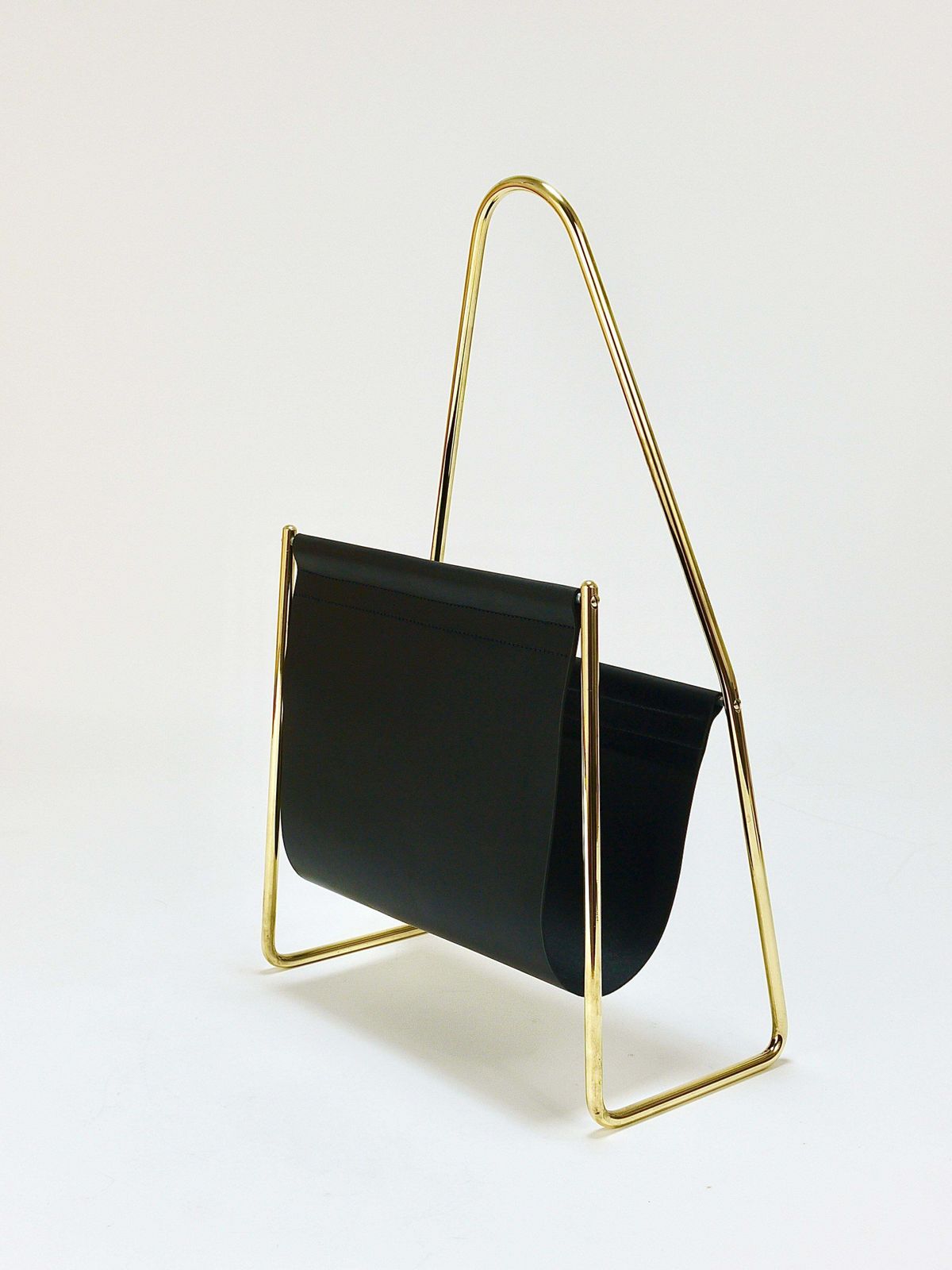Carl Auböck II Midcentury Magazine Rack, Brass & Black Leather, Vintage, Austria photo for sale