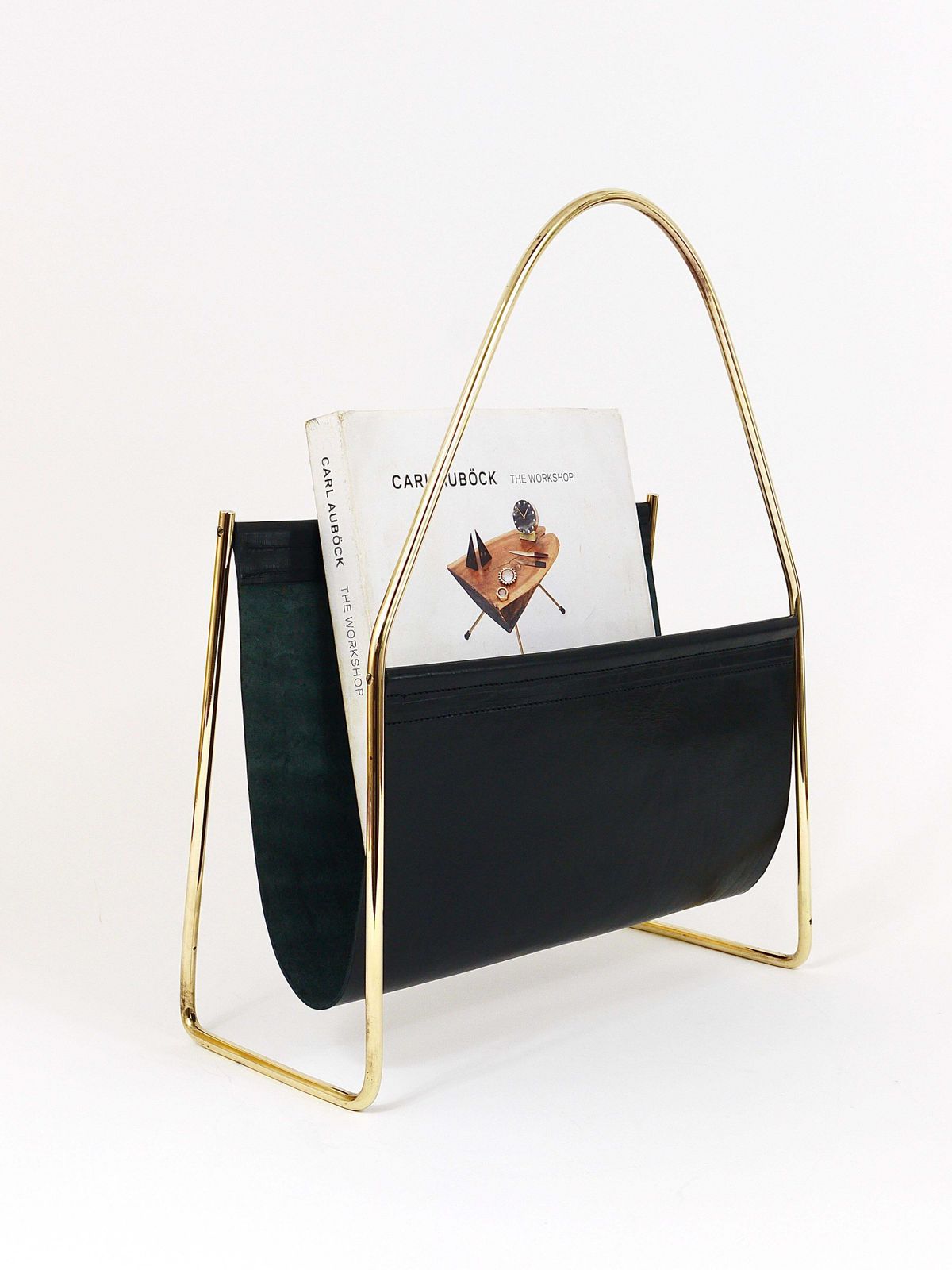Austrian Modernist Midcentury Magazine Rack, Brass And Black Leather photo for sale
