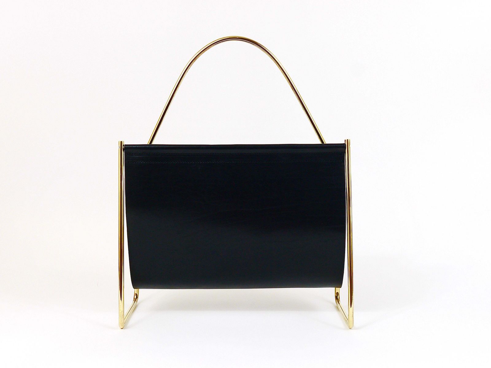 Austrian Modernist Midcentury Magazine Rack, Brass And Black Leather photo Home Decor