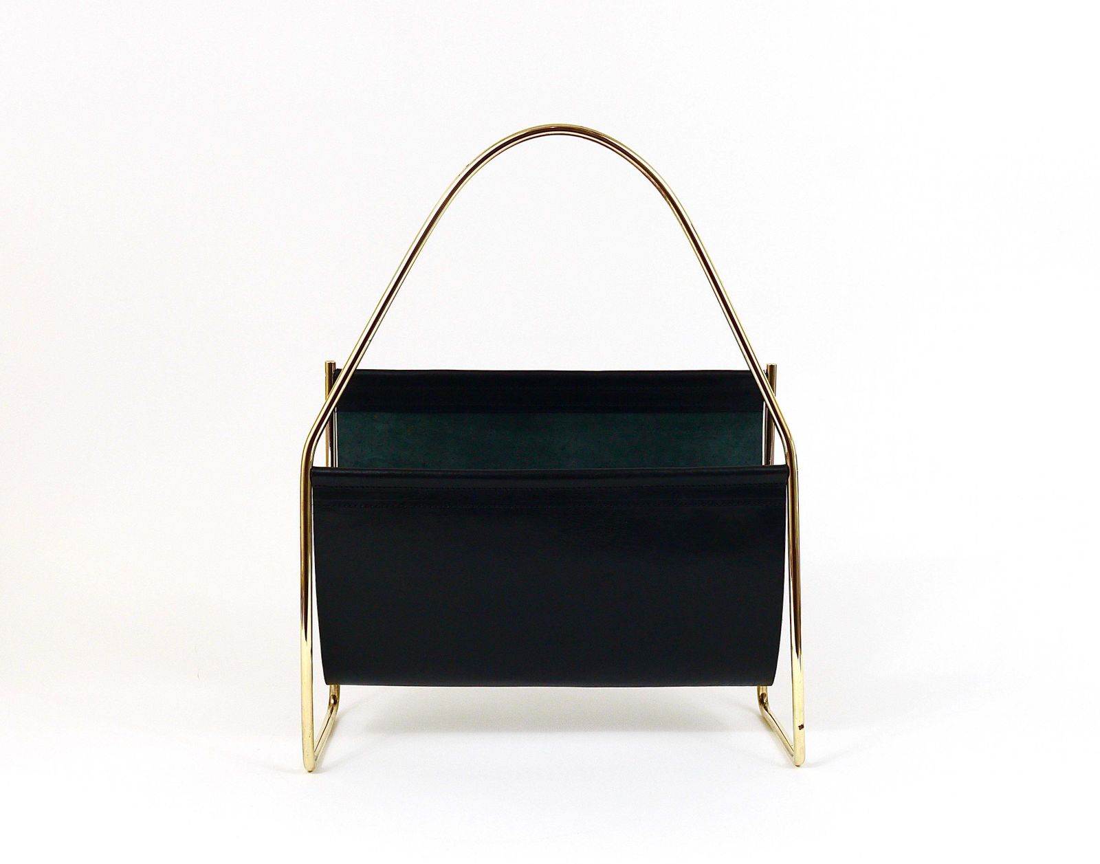 Austrian Modernist Midcentury Magazine Rack, Brass And Black Leather photo vintage