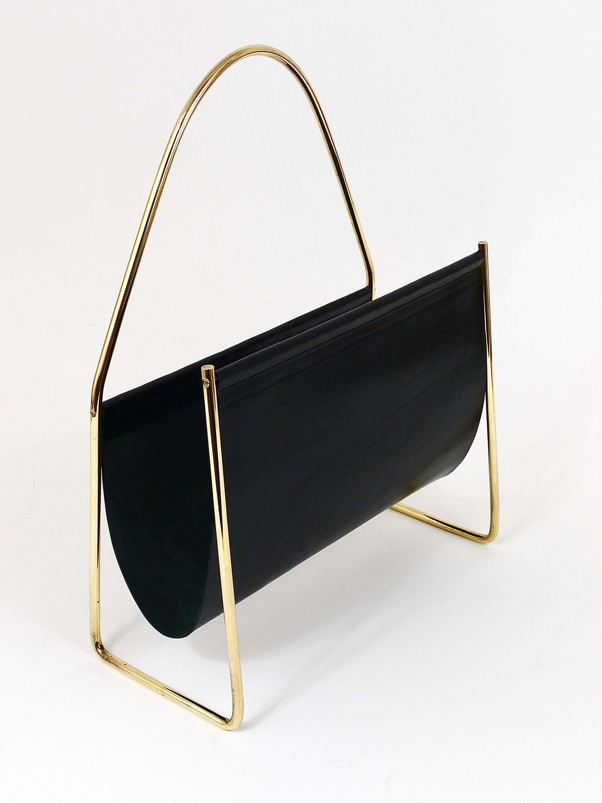 Home Decor Austrian Modernist Midcentury Magazine Rack, Brass And Black Leather photo