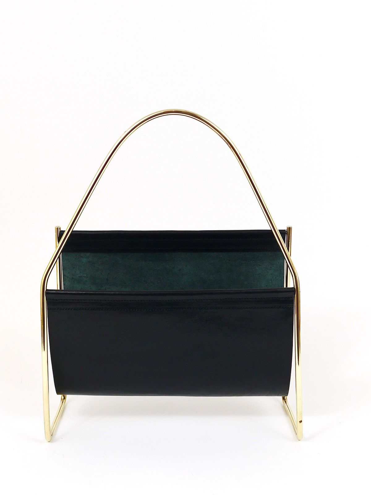 photo vinterior Austrian Modernist Midcentury Magazine Rack, Brass And Black Leather