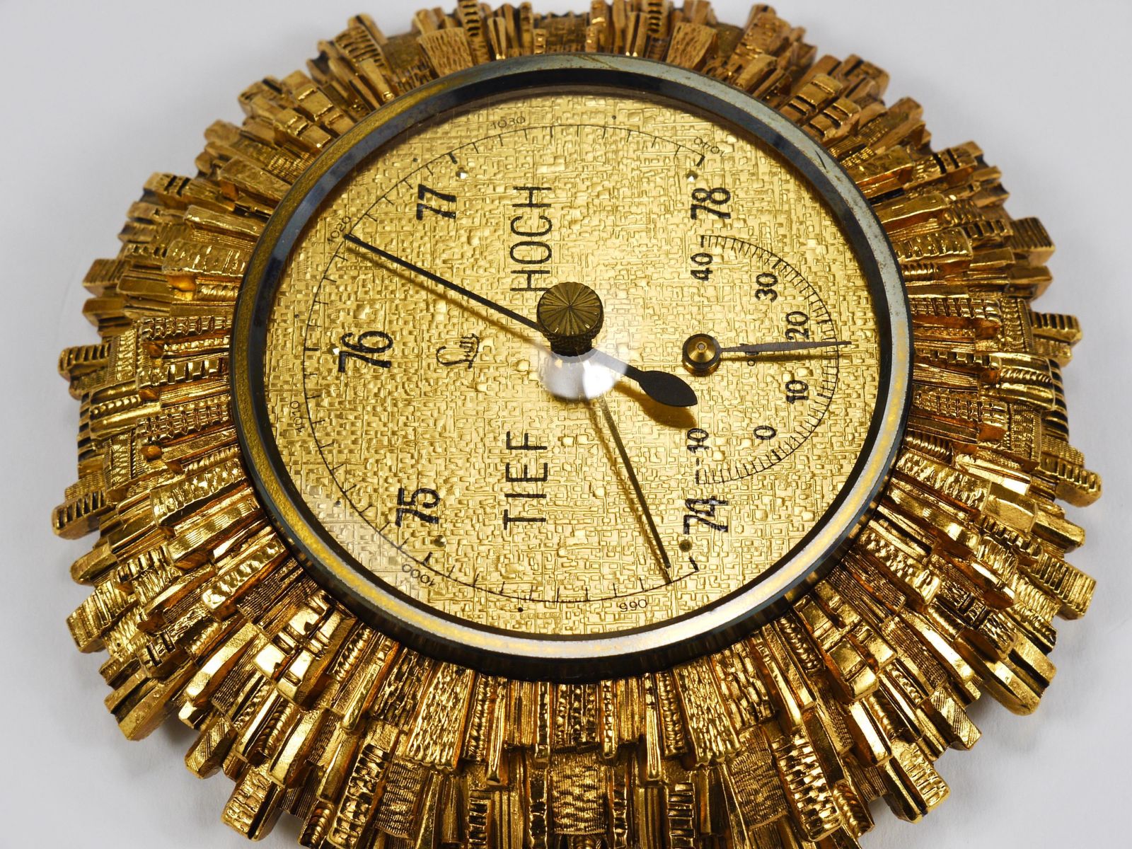 Lufft Sunburst Golden Brass Wall Weather Station, Barometer & Thermometer, 1950s photo furniture