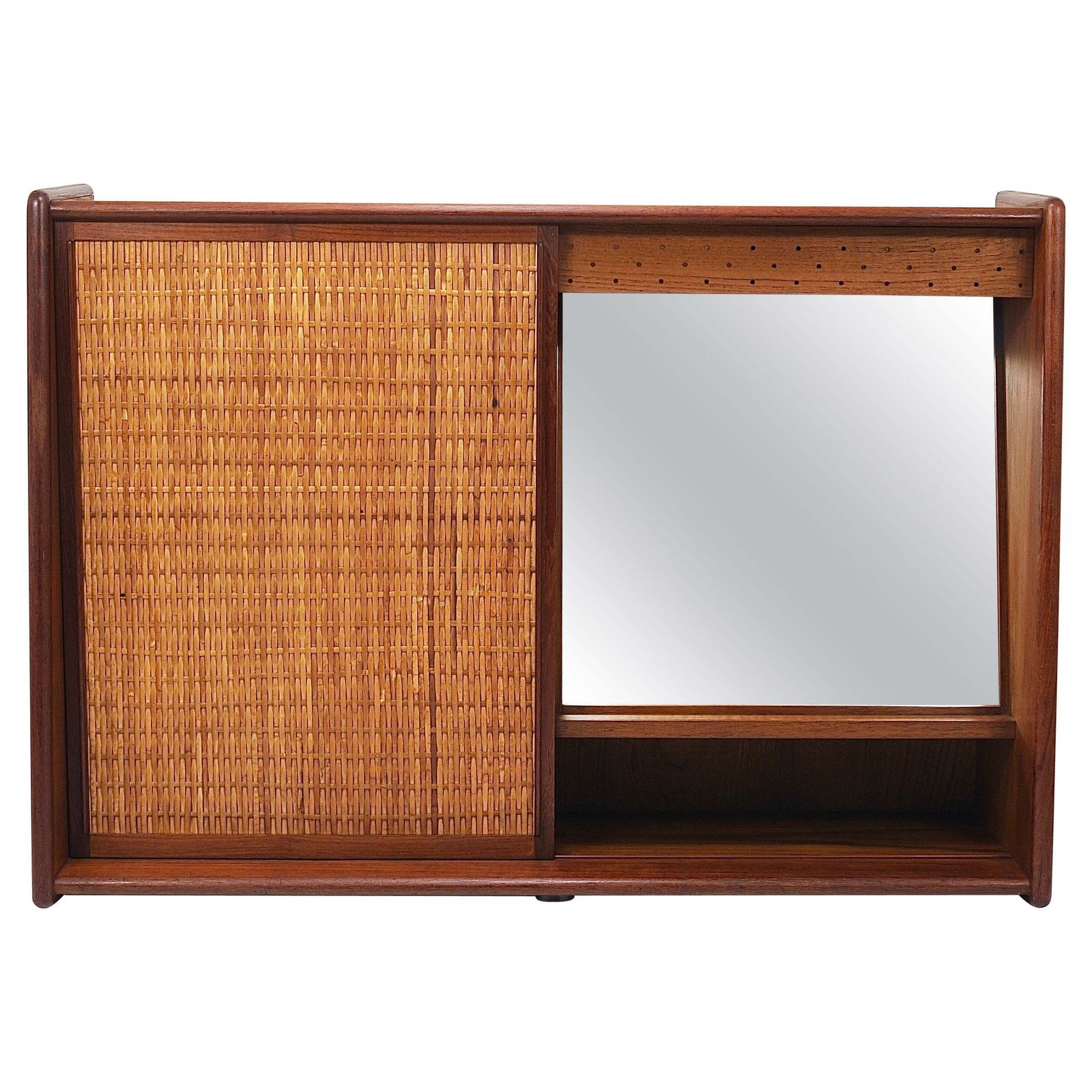 Arne Wahl Iversen Wall Mirror & Shelf Cabinet, Teak & Cane For Brenderup Denmark