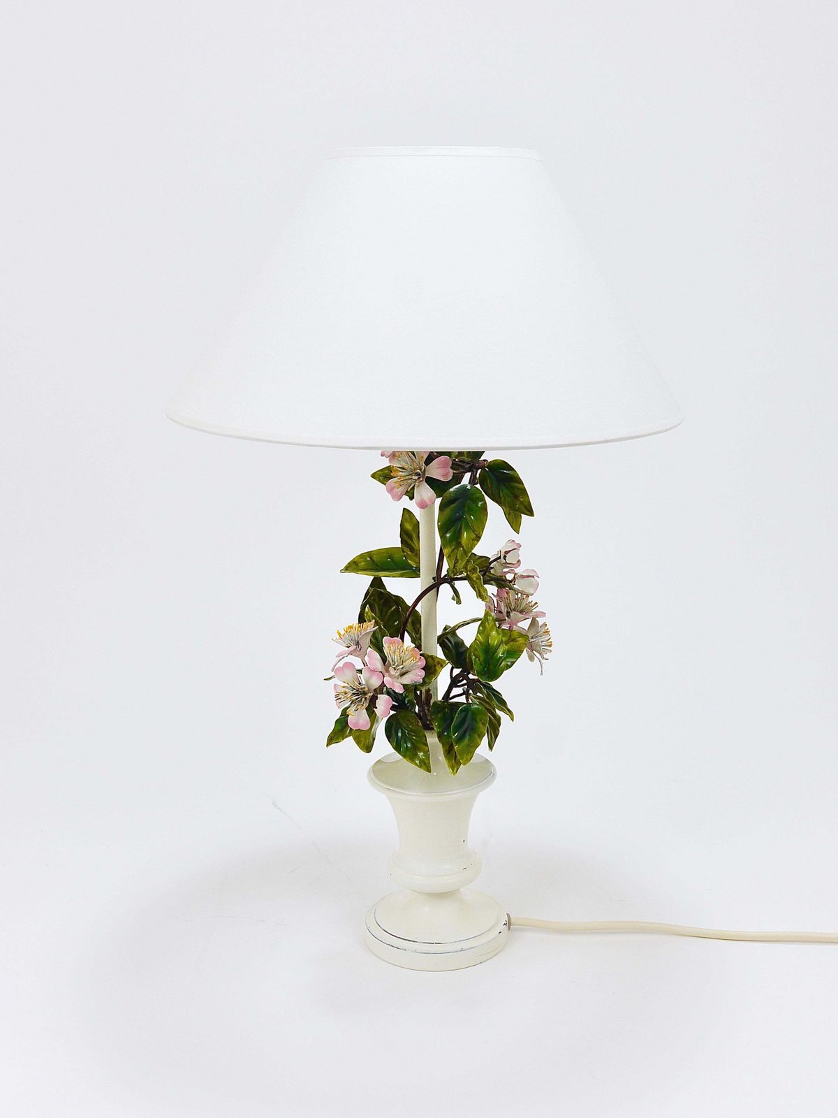 Salvadori Hand Painted Wild Apple Blossom Toleware Table Lamp, Italy, 1950s photo vinterior