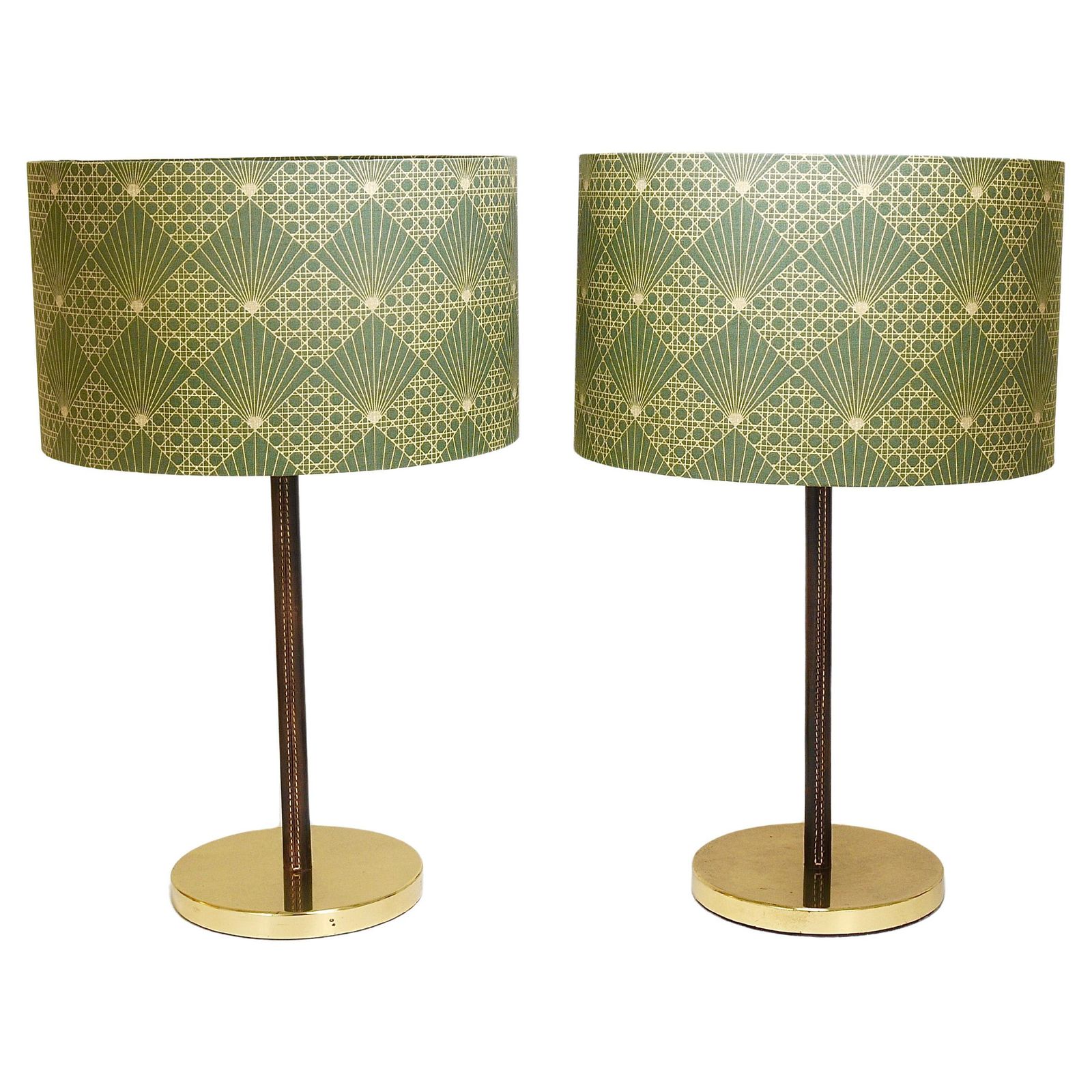 Pair J.T. Kalmar Brass & Leather Mid Century Table Or Side Lamps, Austria, 1960s