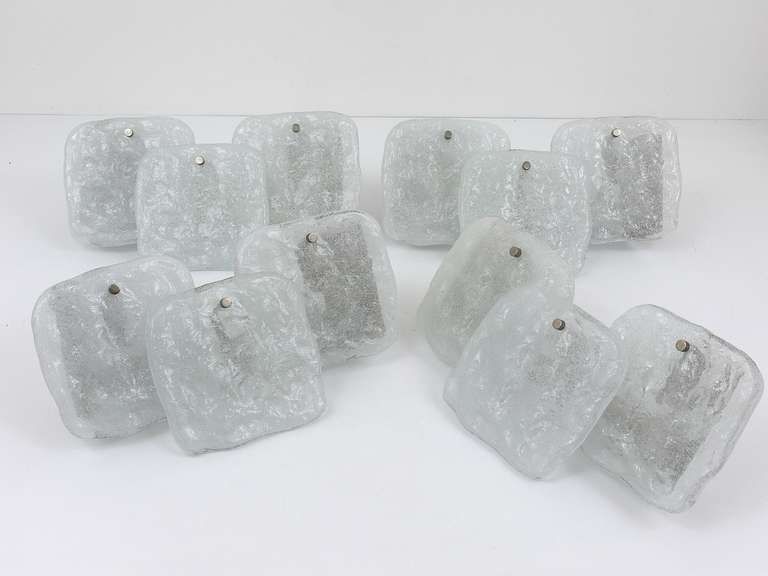 Up To 4 Kalmar Vienna Frosted Ice Glass Panel Sconces Modernist Wall Lamps 1960s photo for sale