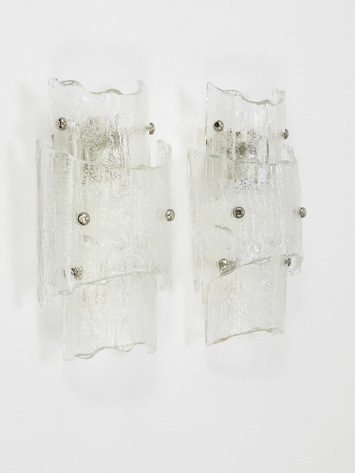 J.T. Kalmar Vienna Pair Mid Century Frosted Ice Glass Sconces, Austria, 1960s photo 1936.0