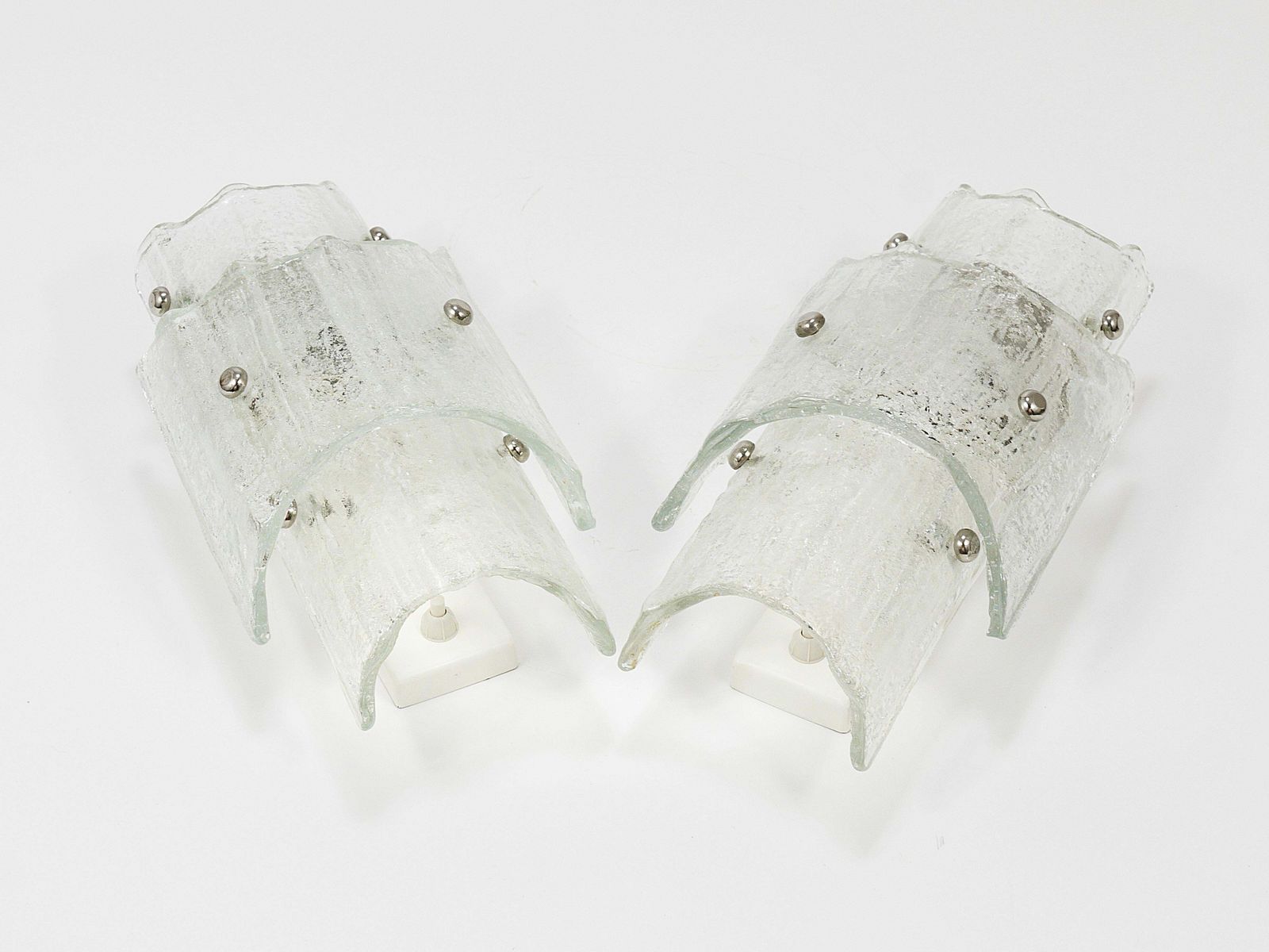 J.T. Kalmar Vienna Pair Mid Century Frosted Ice Glass Sconces, Austria, 1960s photo vintage