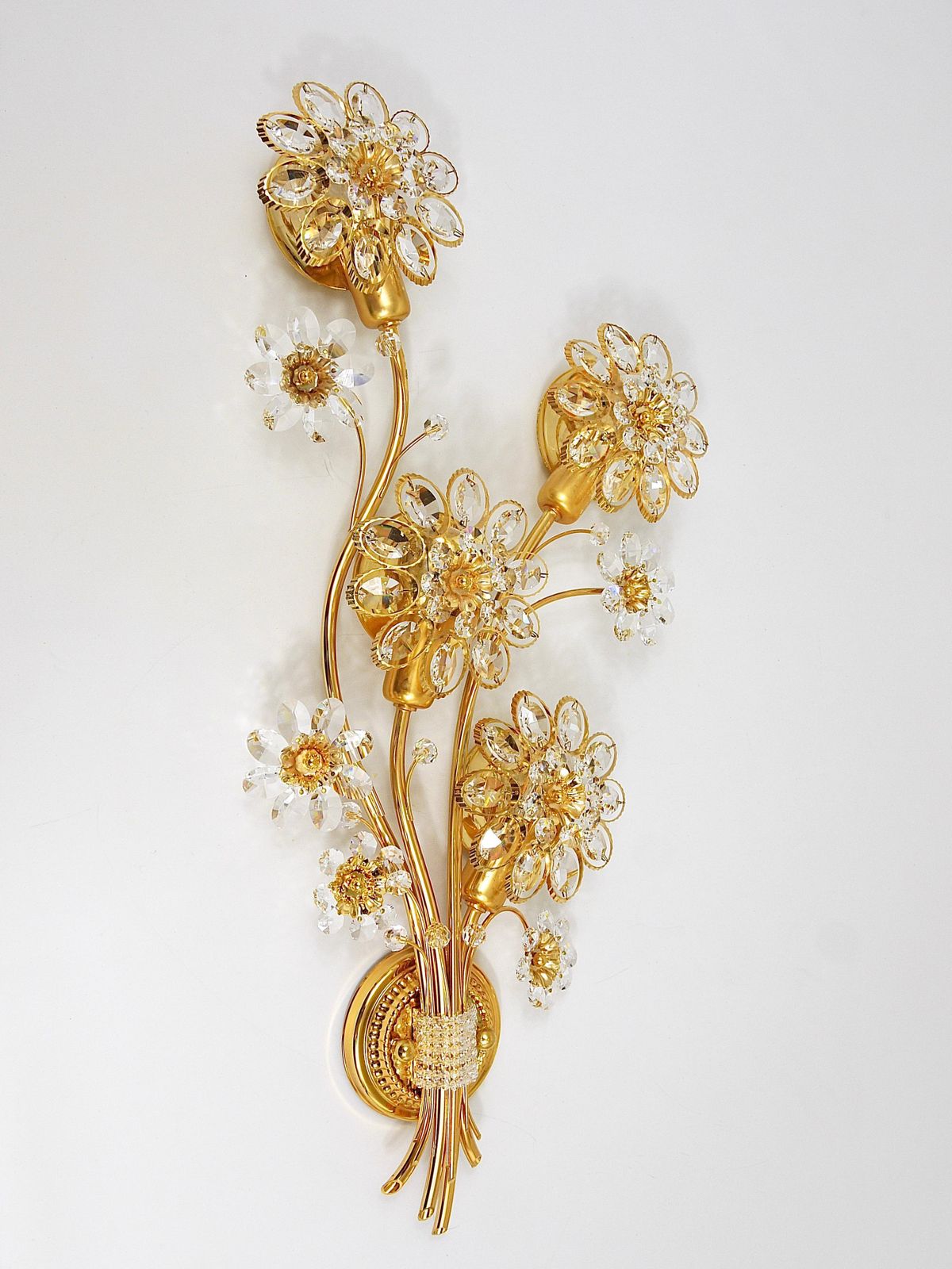 Big Ernst Palme Palwa Floral Gilt Brass Crystals Flower Wall Light Sconce, 1970s photo for sale