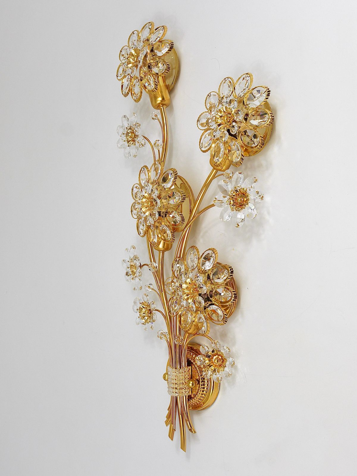 Big Ernst Palme Palwa Floral Gilt Brass Crystals Flower Wall Light Sconce, 1970s photo vintage