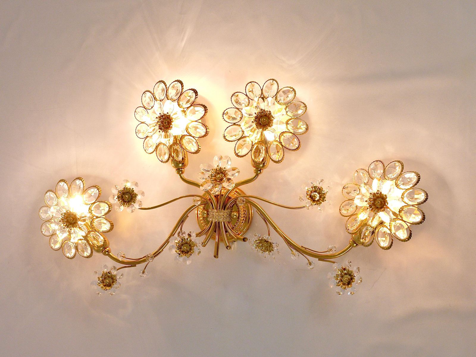 Big Ernst Palme Flowers Brass & Crystals Flower Wall Light Sconce, Palwa, 1970s photo for sale
