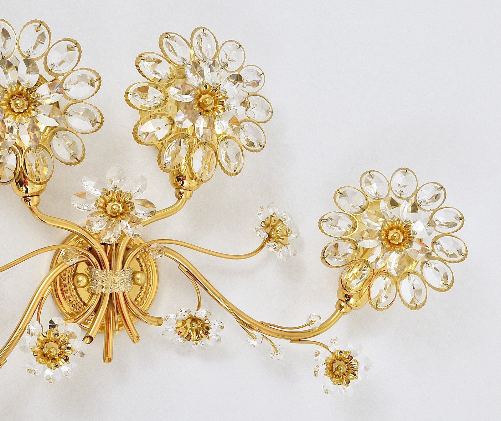 photo for sale Big Ernst Palme Flowers Brass & Crystals Flower Wall Light Sconce, Palwa, 1970s