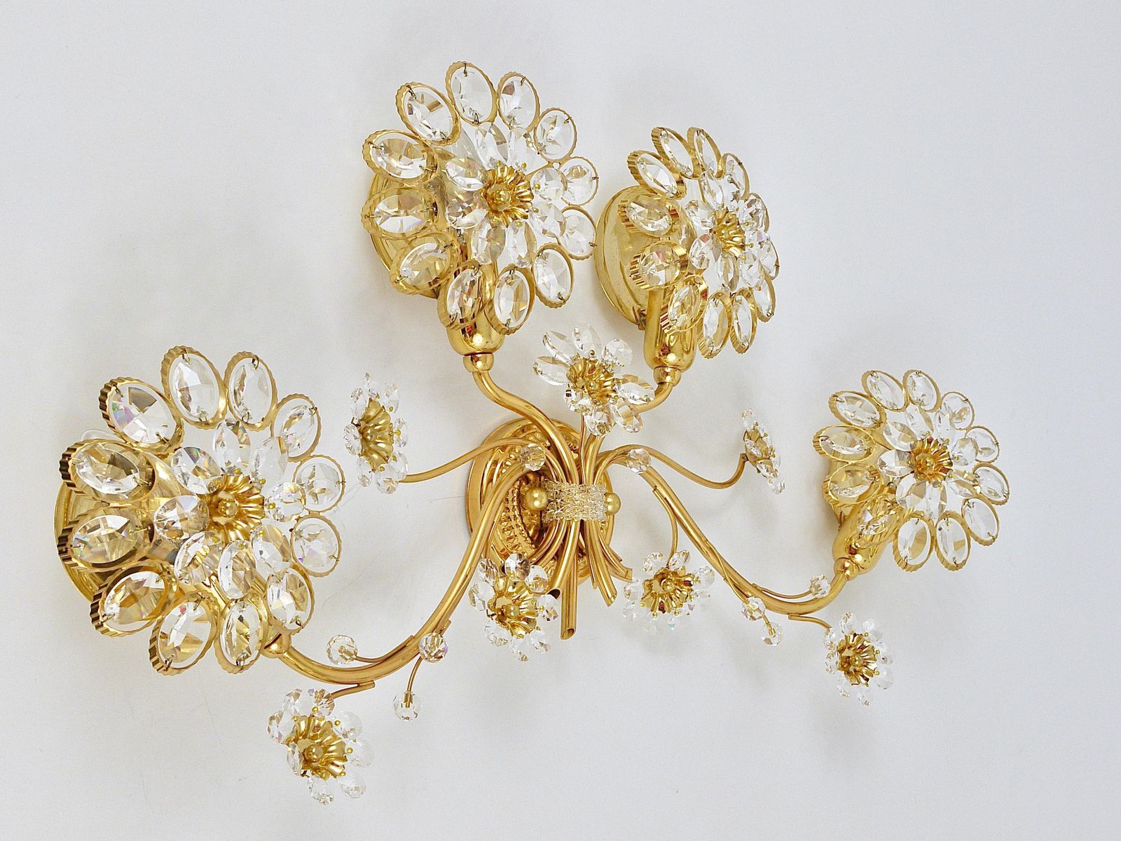 Lighting Big Ernst Palme Flowers Brass & Crystals Flower Wall Light Sconce, Palwa, 1970s photo
