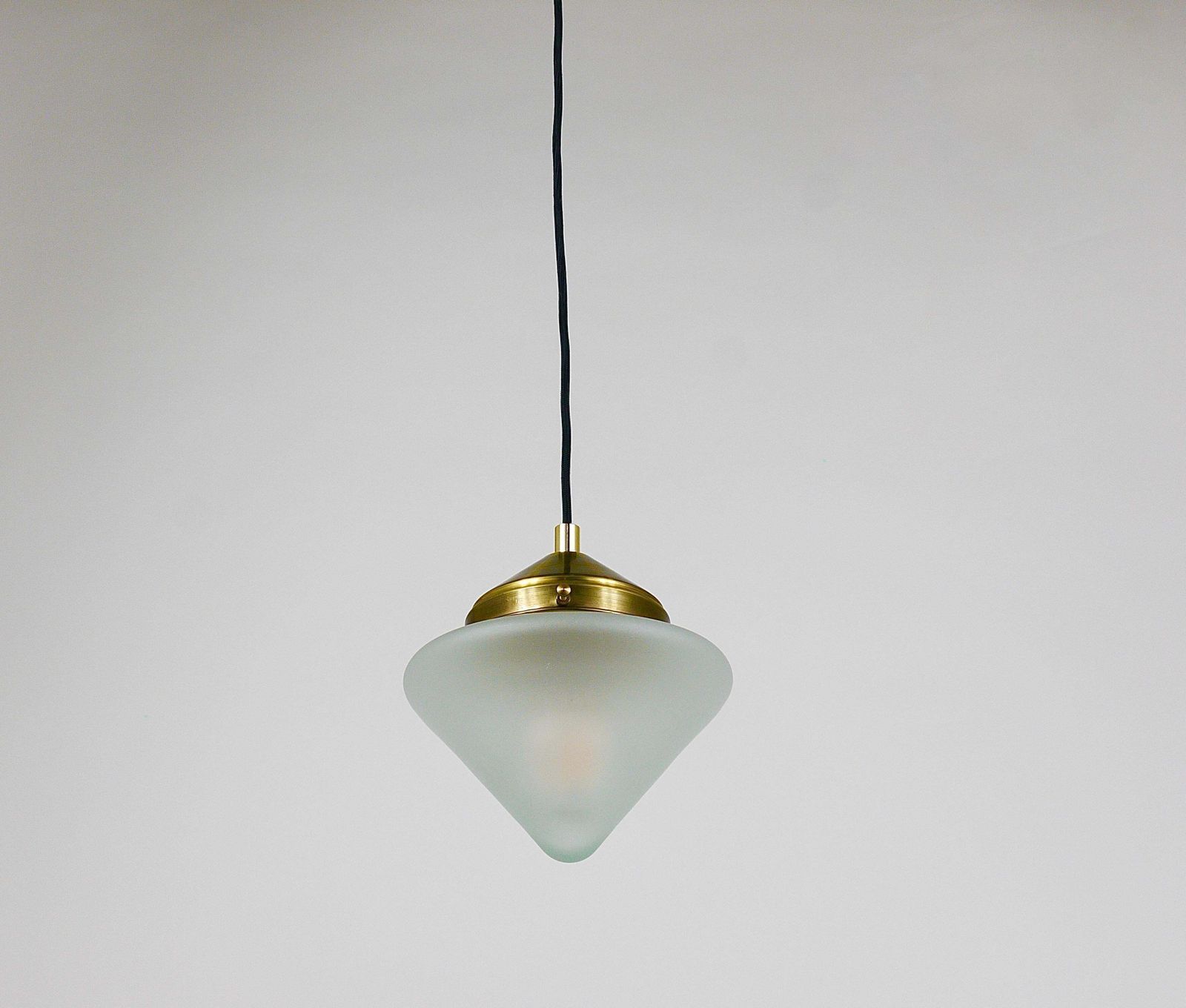 Up To 7 Art Deco Brass Pendant Lights With Conical Glass Shades, Vienna 1930s photo vintage