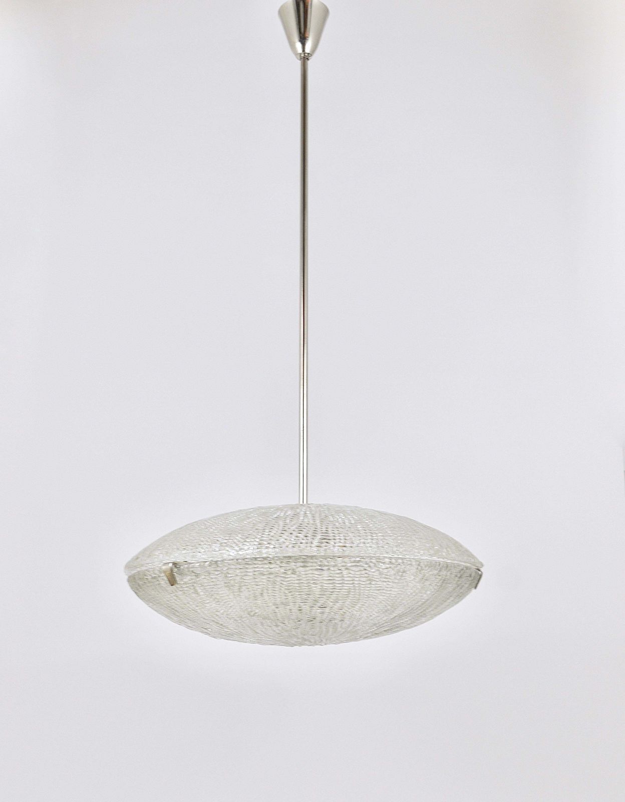 photo furniture Midcentury Kalmar Discus Textured Glass & Nickel Chandelier, Austria, 1950s