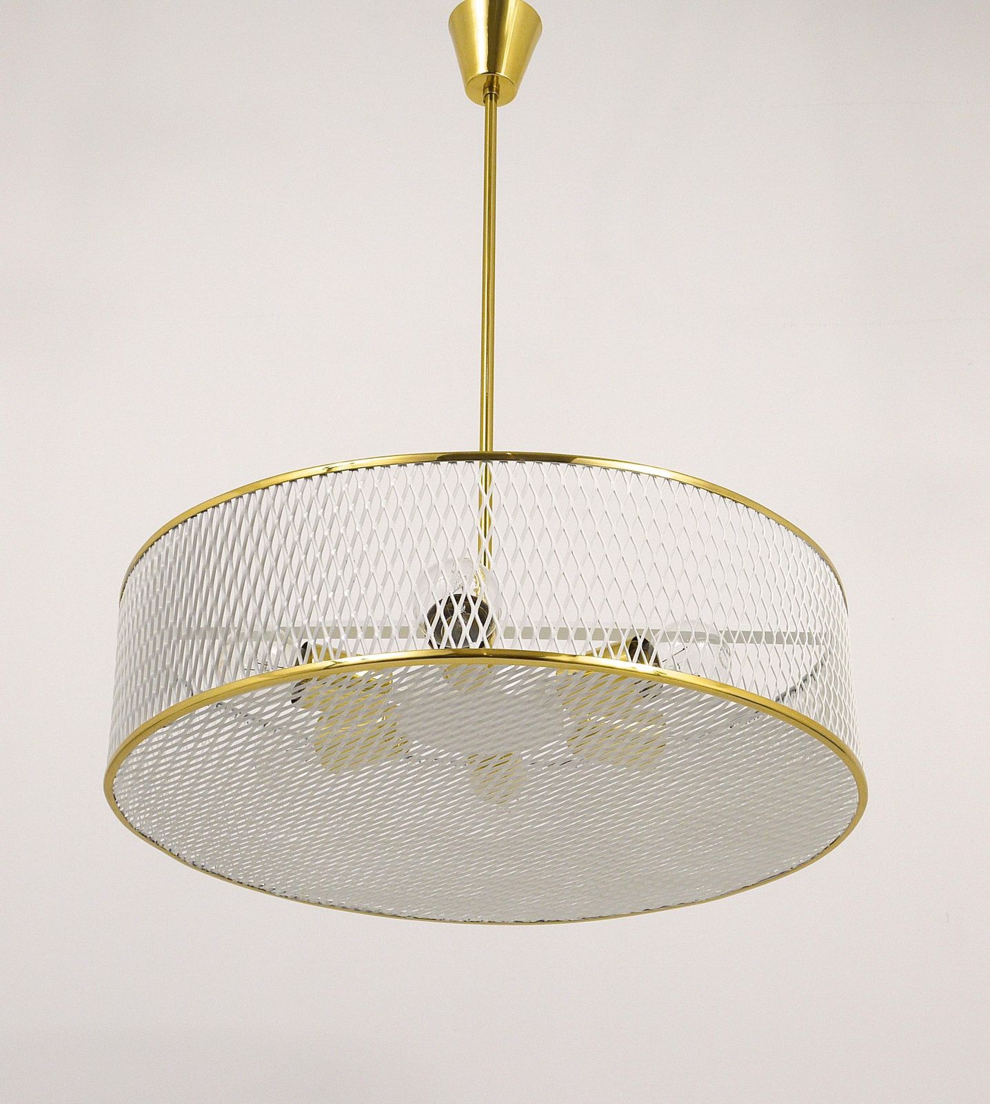 Mathieu Matégot Style Midcentury Brass Chandelier Pendant Lamp, France, 1950s photo Lighting